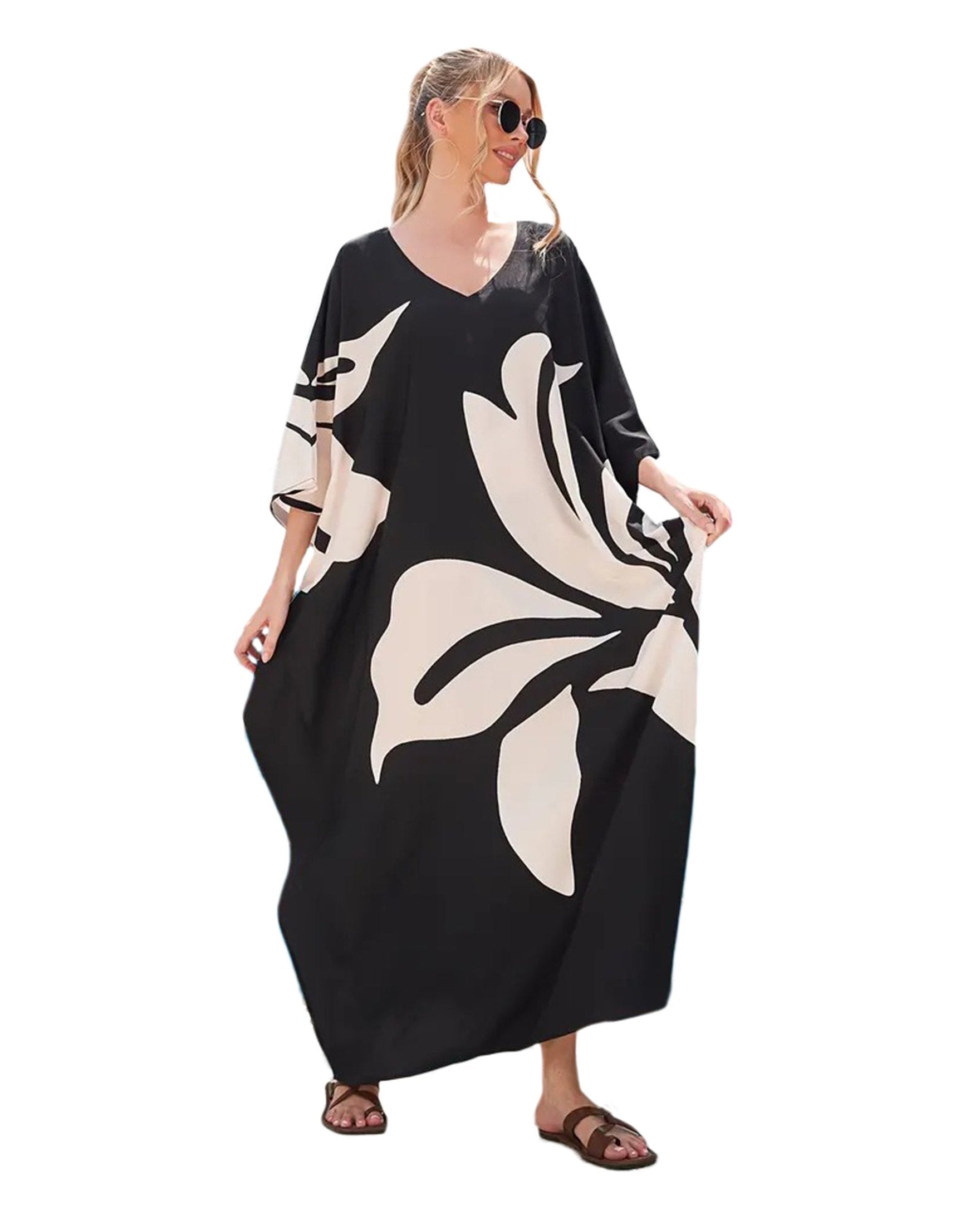 Floral Black White Polyester Casual Plus Size Caftan Dress for Women
