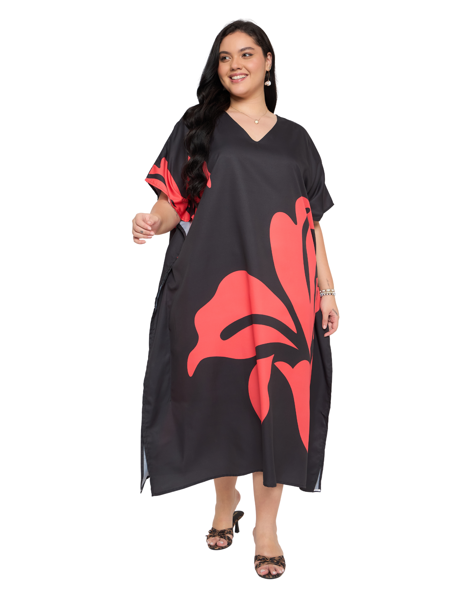 Floral Black And Red Polyester Plus Size Beach Kaftan Dress