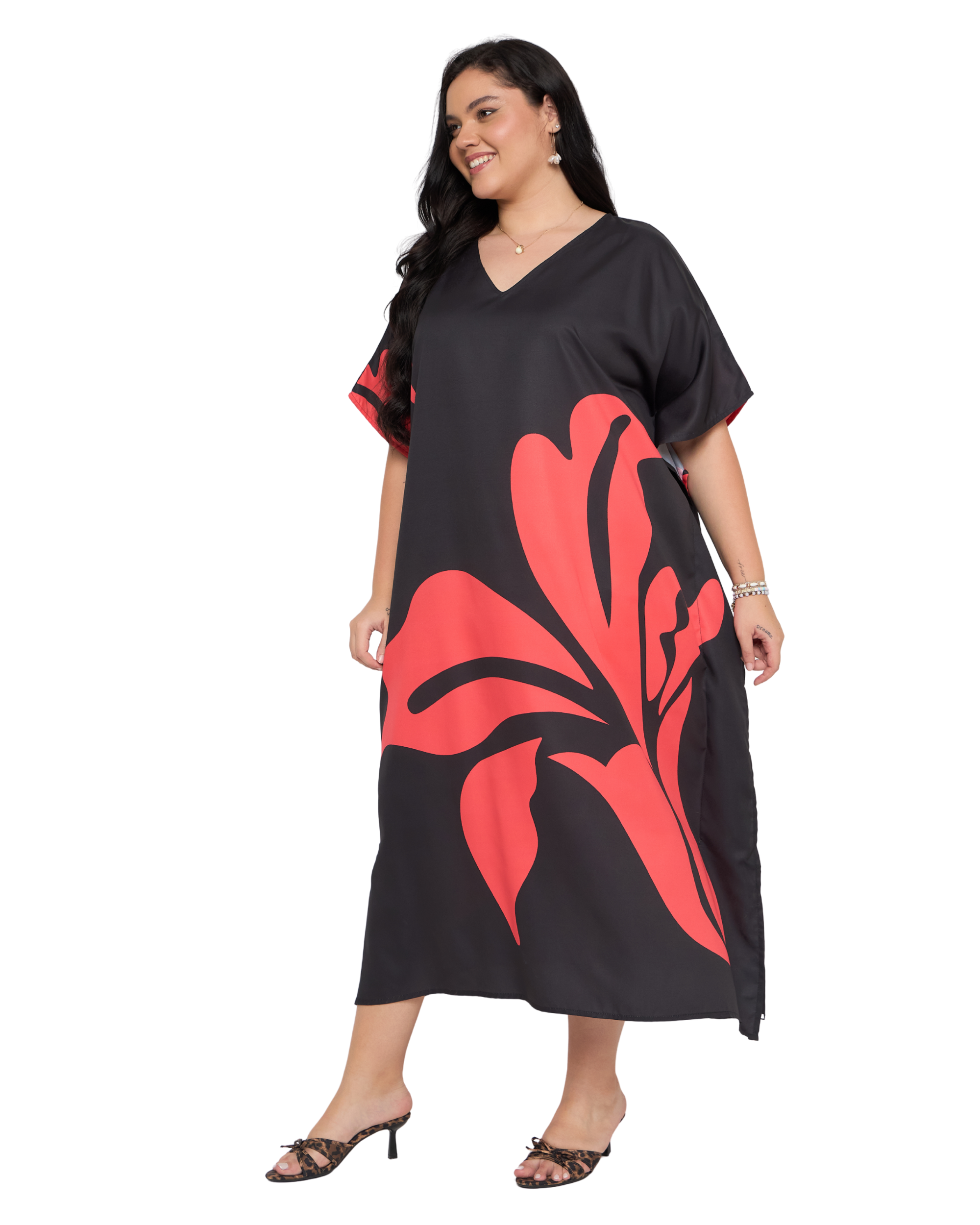 Floral Black And Red Polyester Plus Size Beach Kaftan Dress