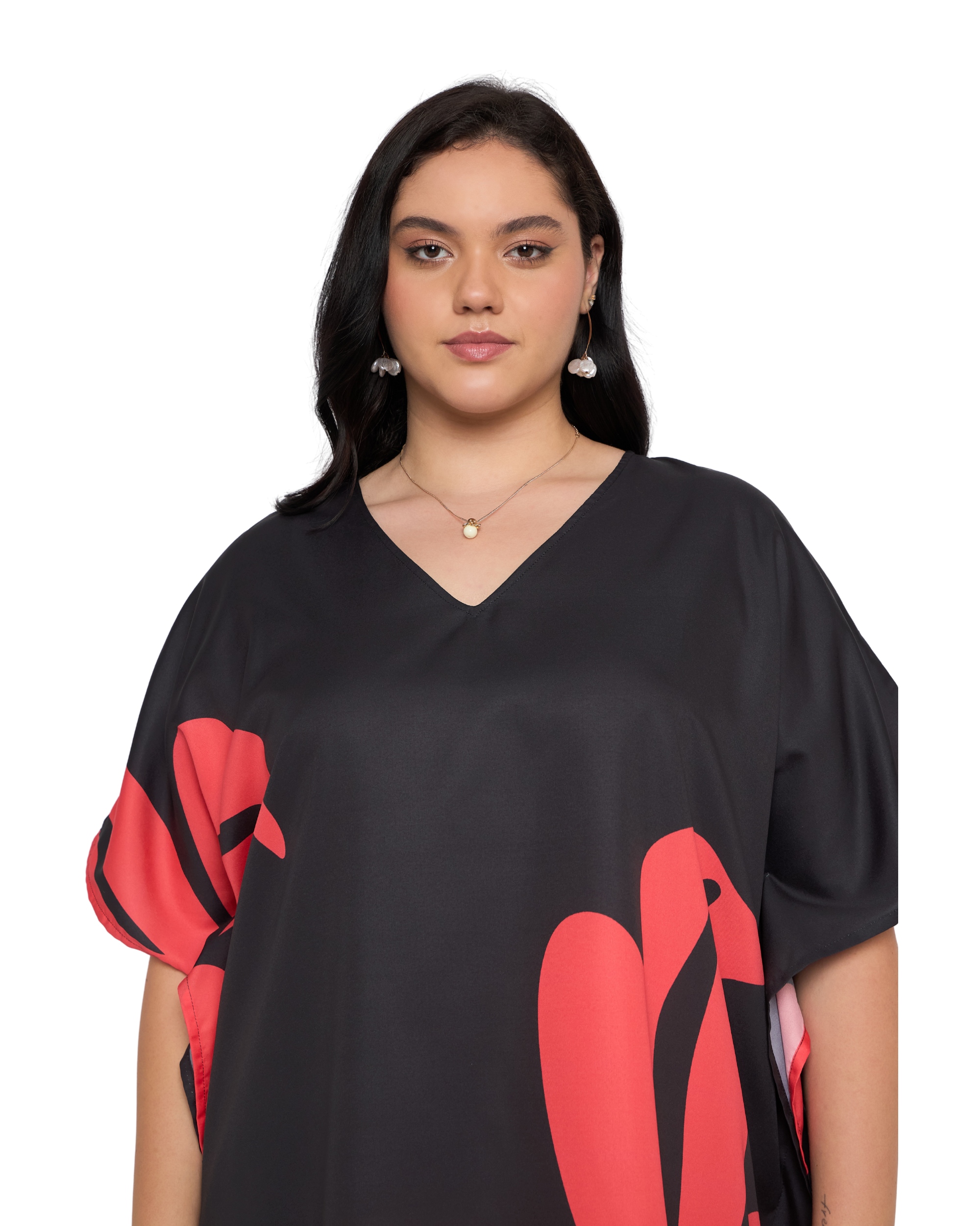 Floral Black And Red Polyester Plus Size Beach Kaftan Dress