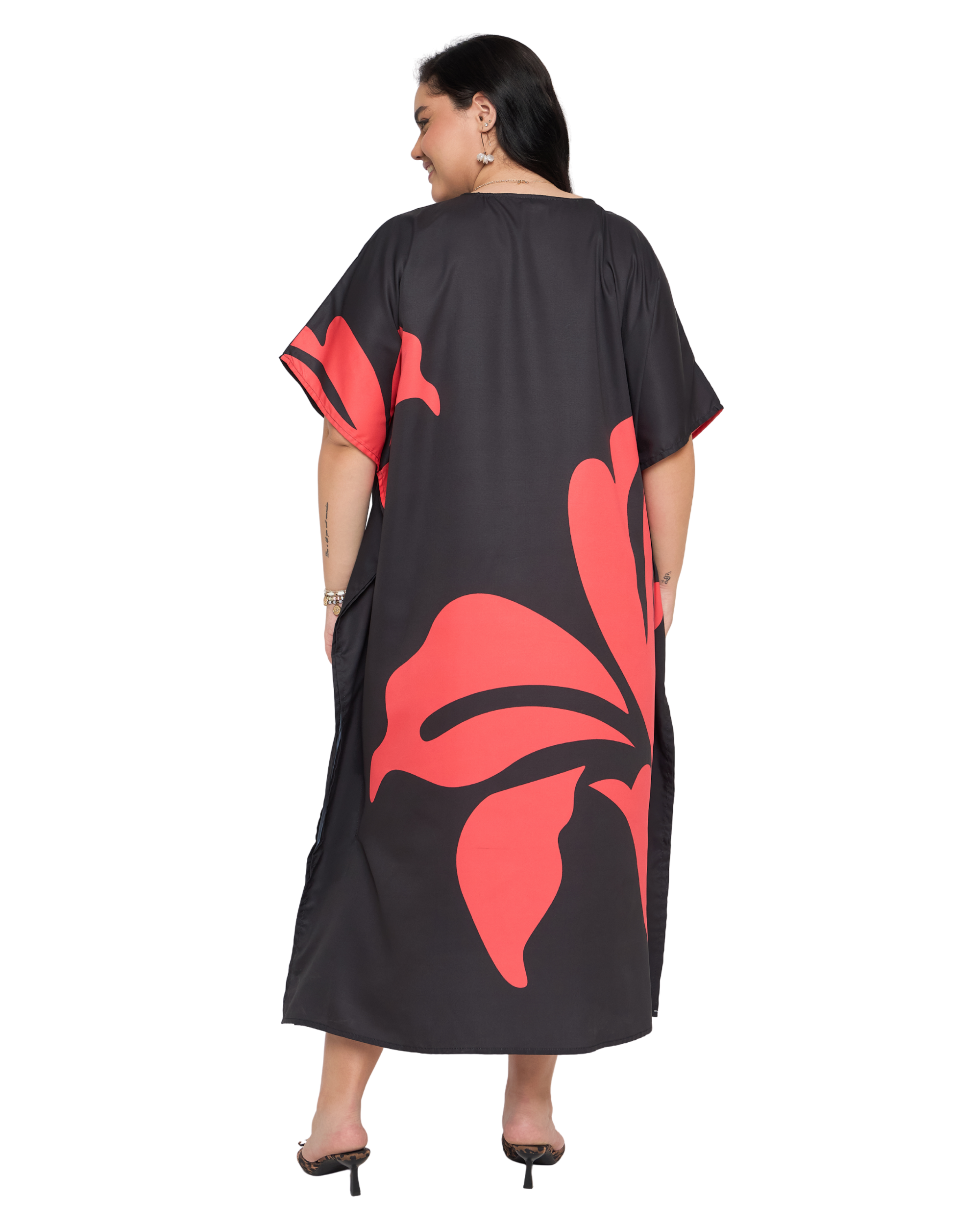 Floral Black And Red Polyester Plus Size Beach Kaftan Dress