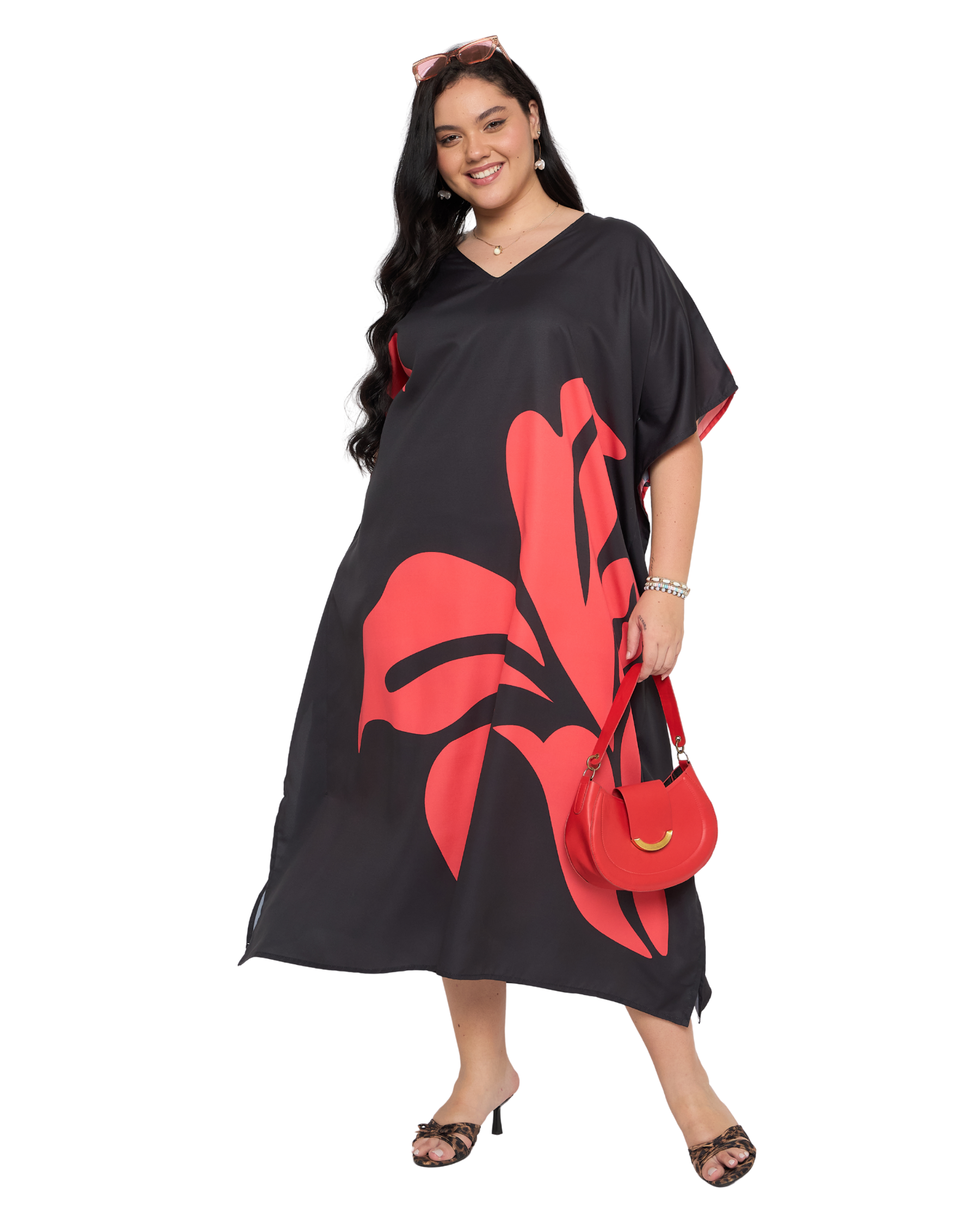 Floral Black And Red Polyester Plus Size Beach Kaftan Dress