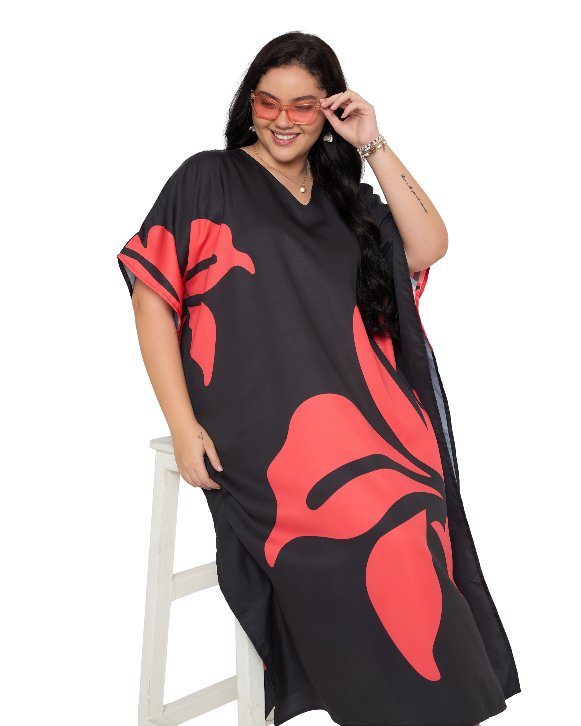 Floral Black And Red Polyester Plus Size Beach Kaftan Dress