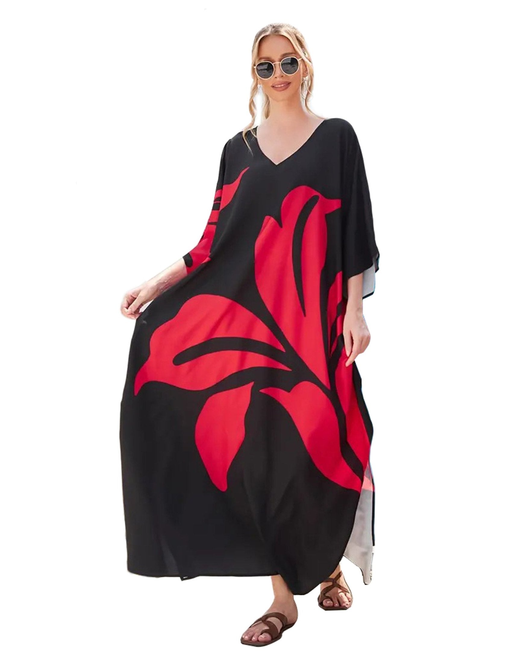 Floral Black And Red Polyester Plus Size Beach Kaftan Dress