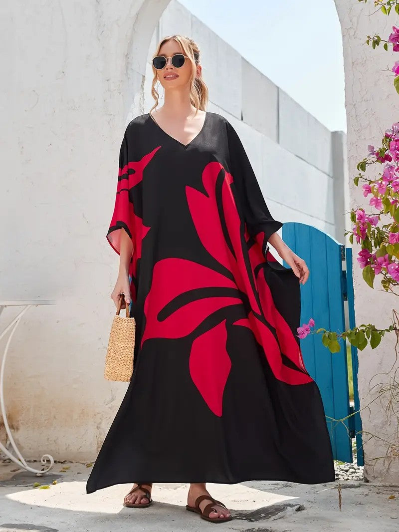 Floral Black And Red Polyester Plus Size Beach Kaftan Dress