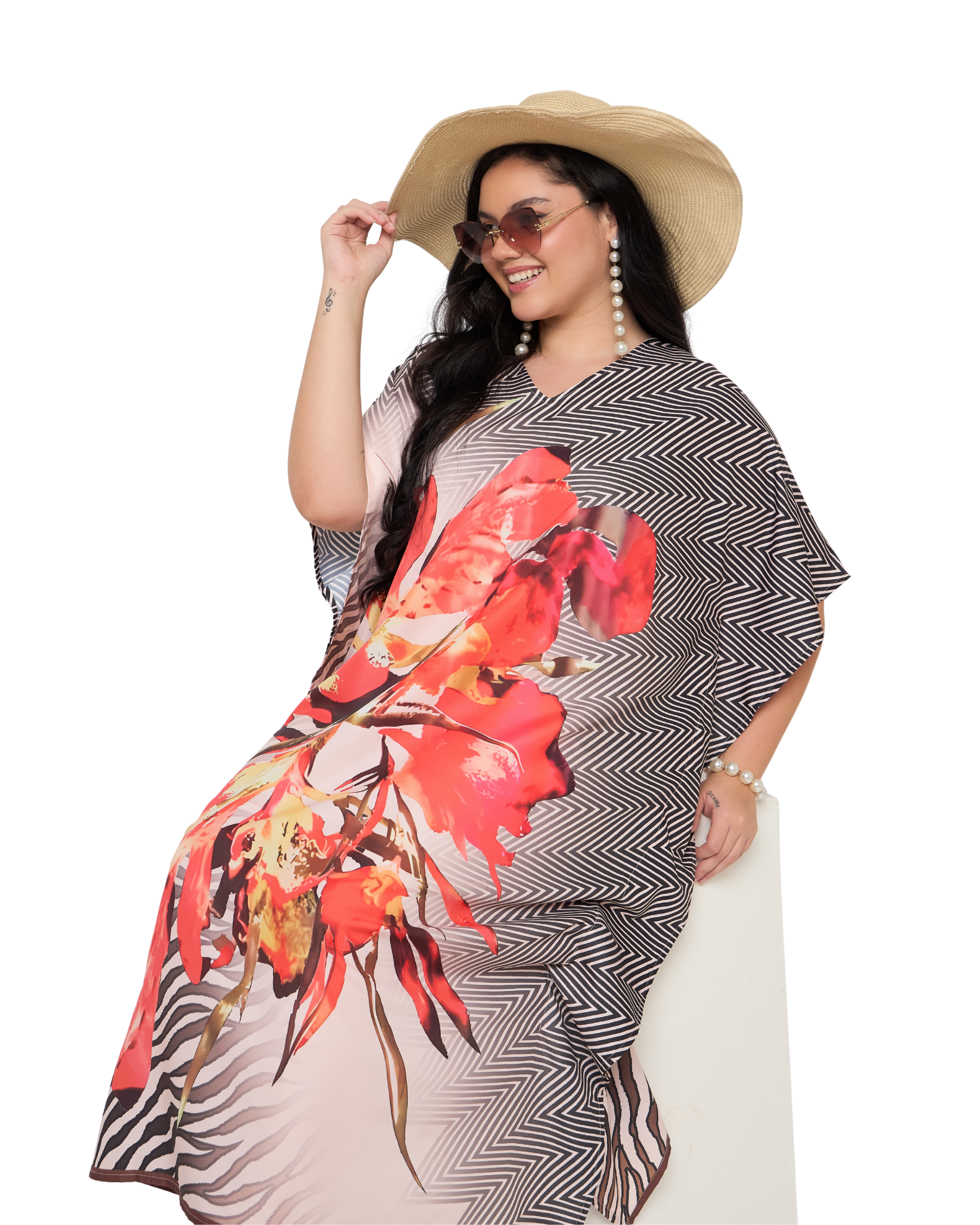 Floral Black And Orange Polyester Plus Size Kaftan Dress for Ladies