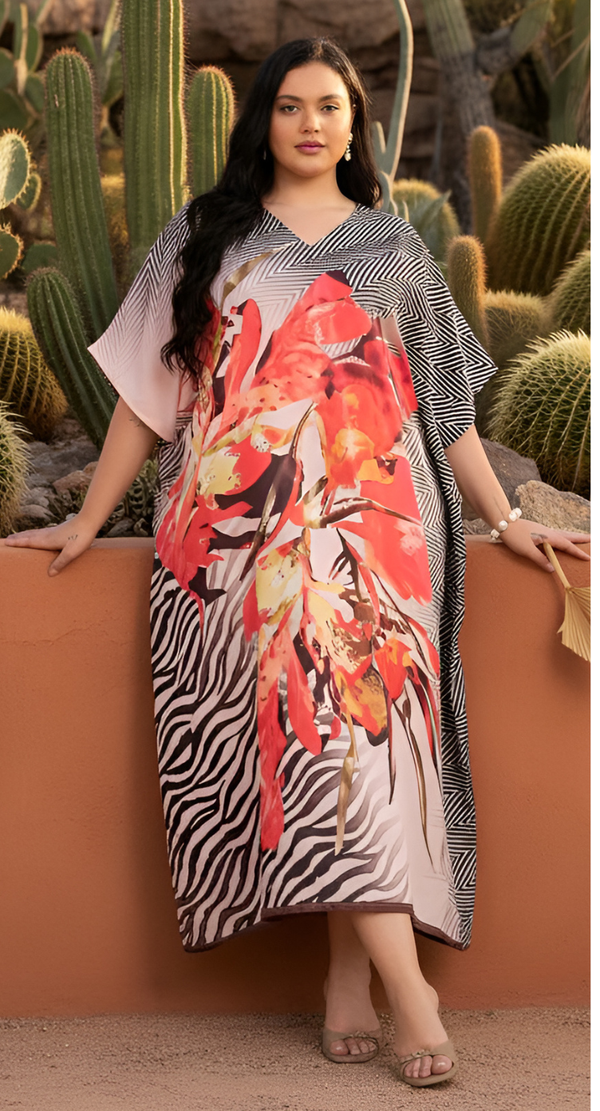 Black Orange Floral Polyester Plus Size Kaftan for Women 1X-3X V Neck | GypsieBlu
