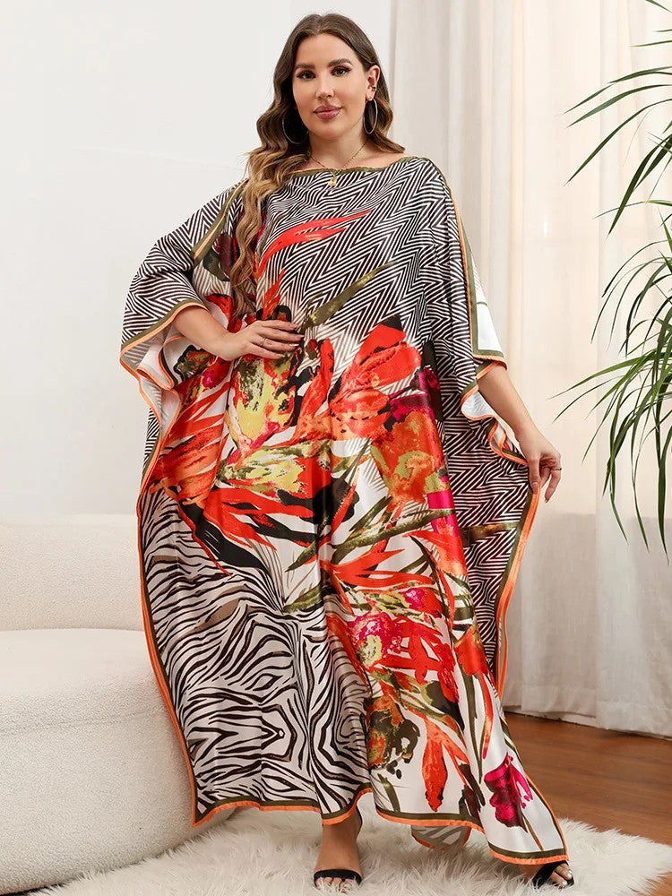 Floral Black And Orange Polyester Plus Size Kaftan Dress for Ladies