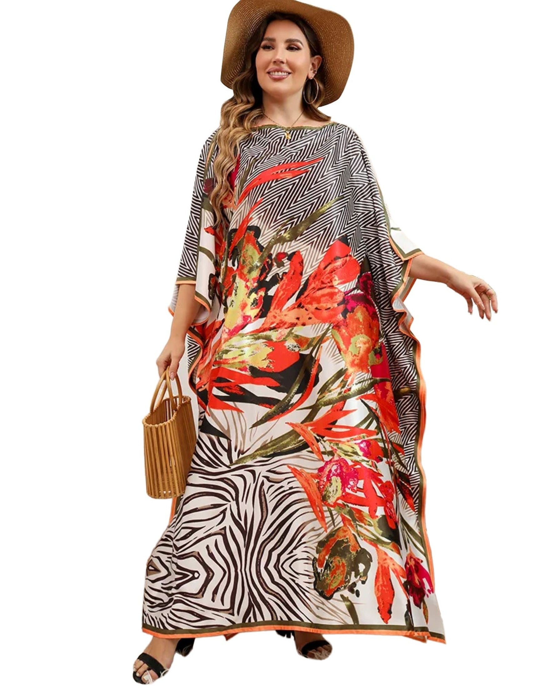 Floral Black And Orange Polyester Plus Size Kaftan Dress for Ladies