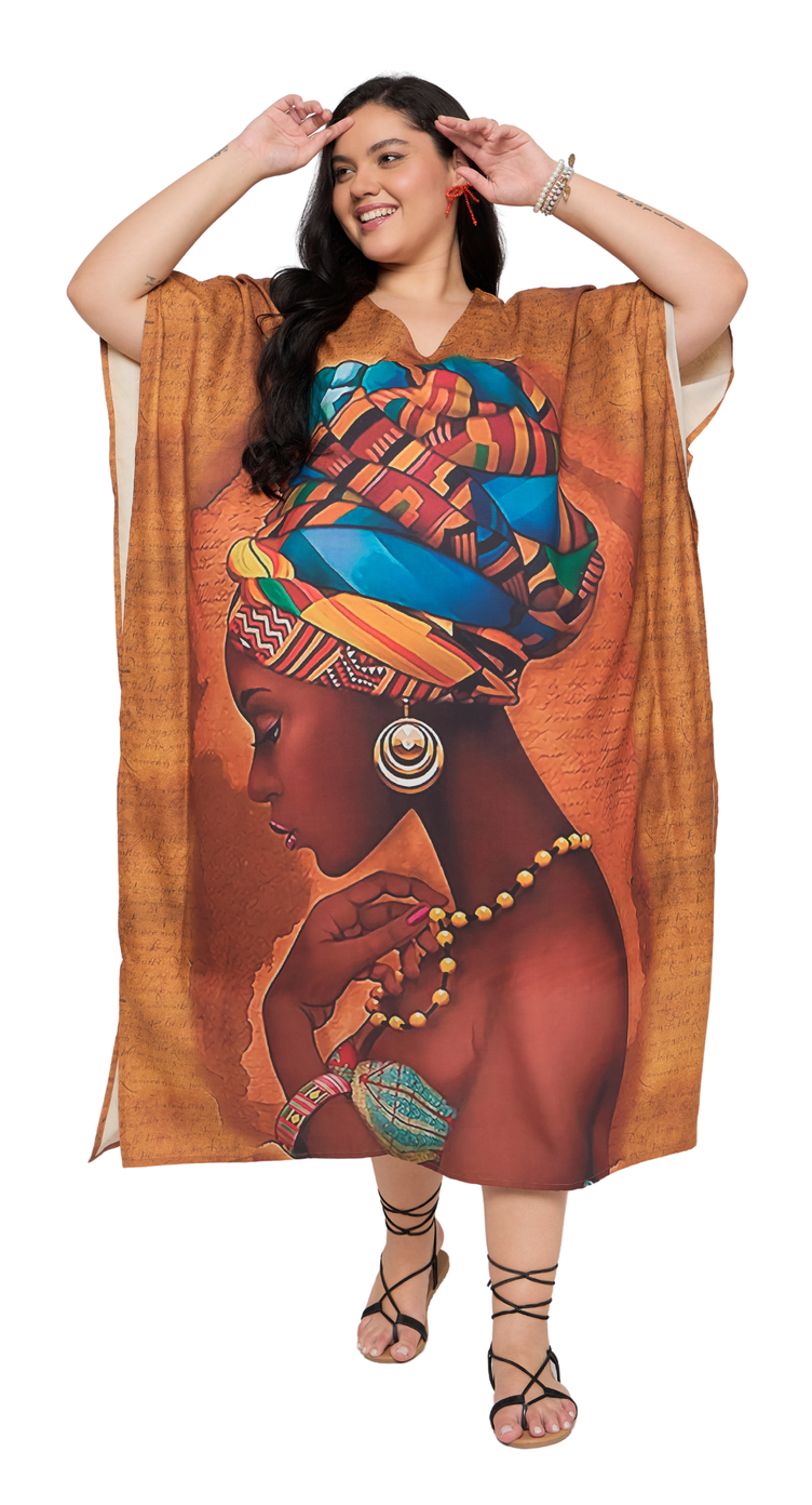 Brown polyester plus size kaftan with African woman portrait and kente headwrap print, kimono sleeves