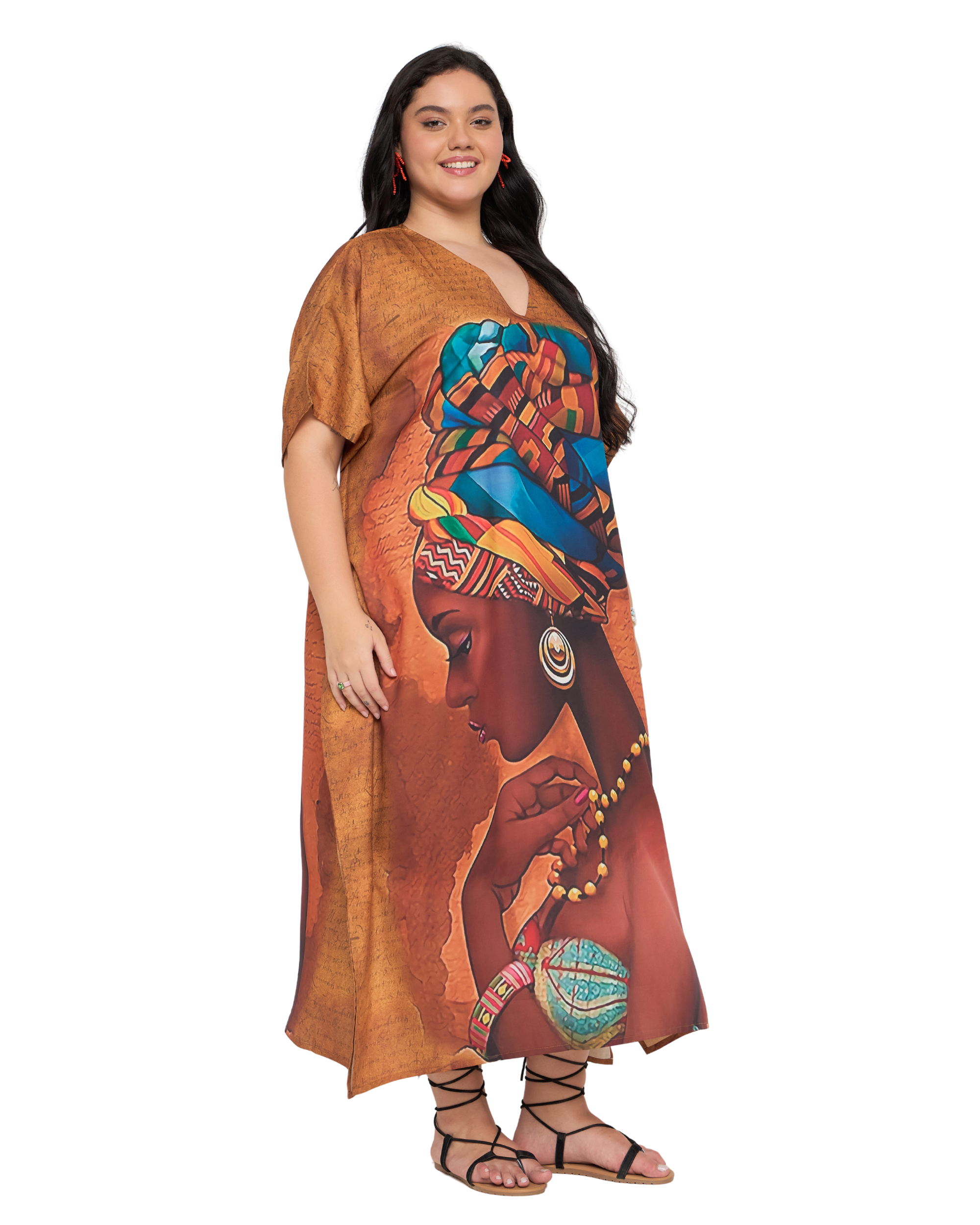 Terracotta Lady Face Polyester Women Plus Size Kaftan Dress