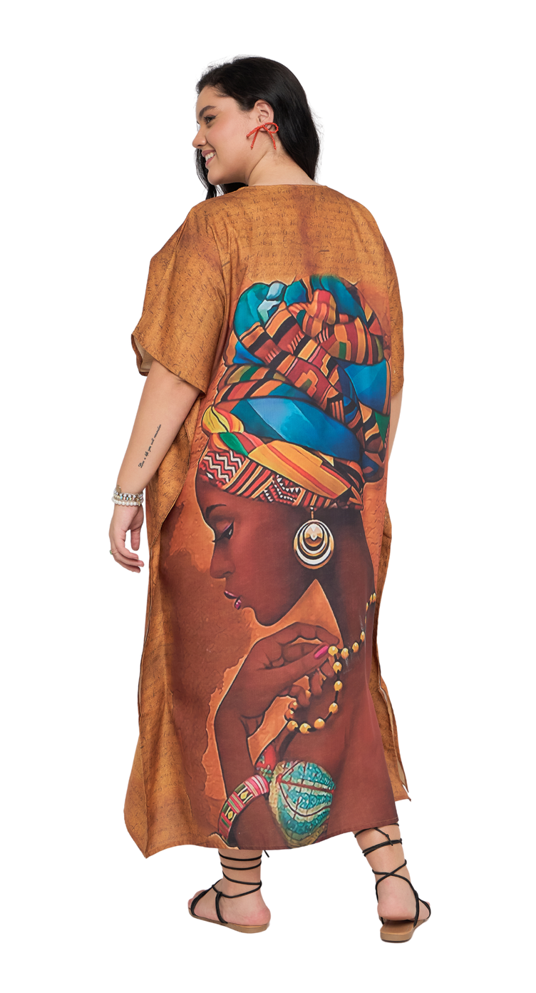 Brown polyester plus size kaftan with African woman portrait and kente headwrap print, kimono sleeves — alternate view