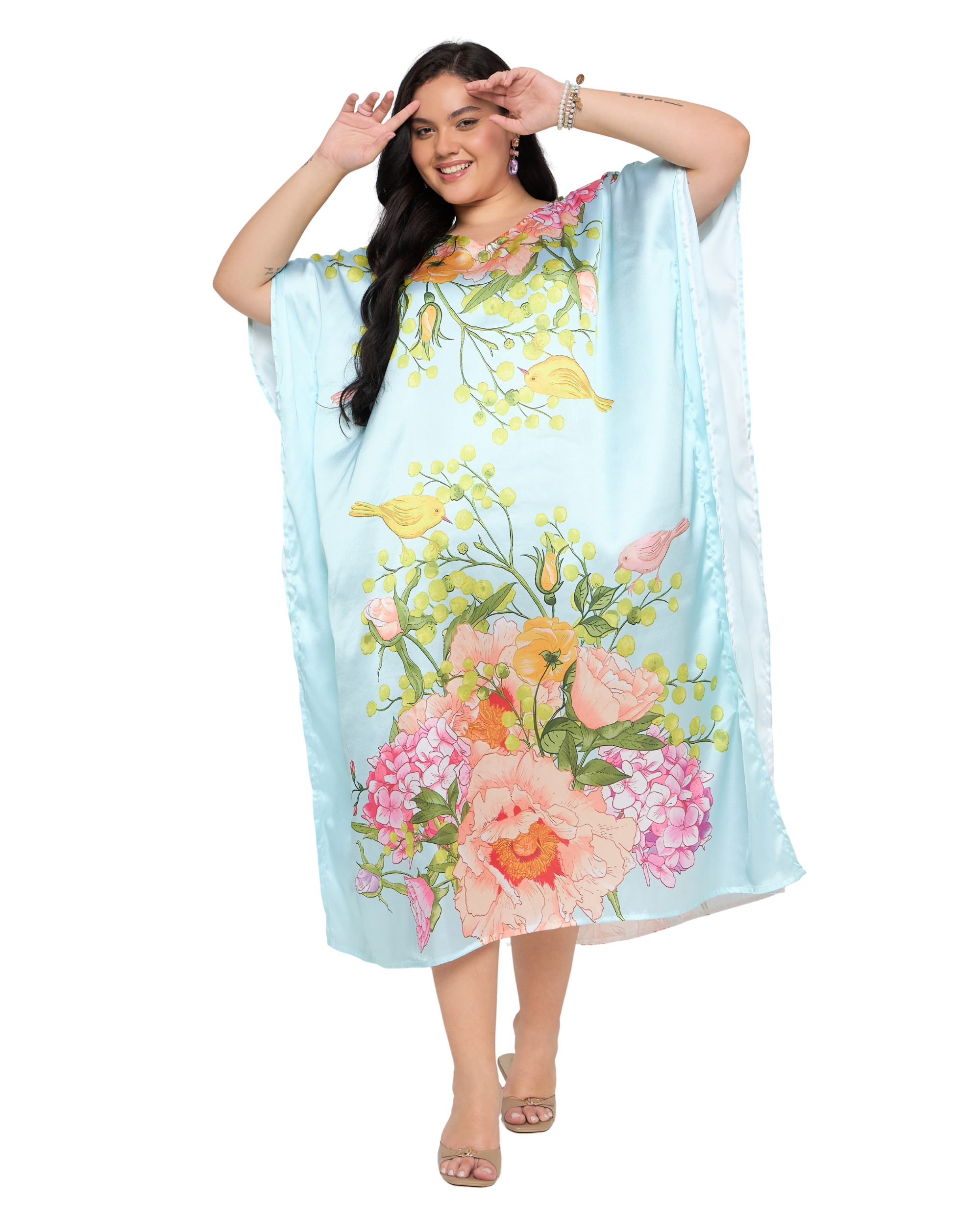 Pastel Blue Floral Satin Women Plus Size Caftan Dress