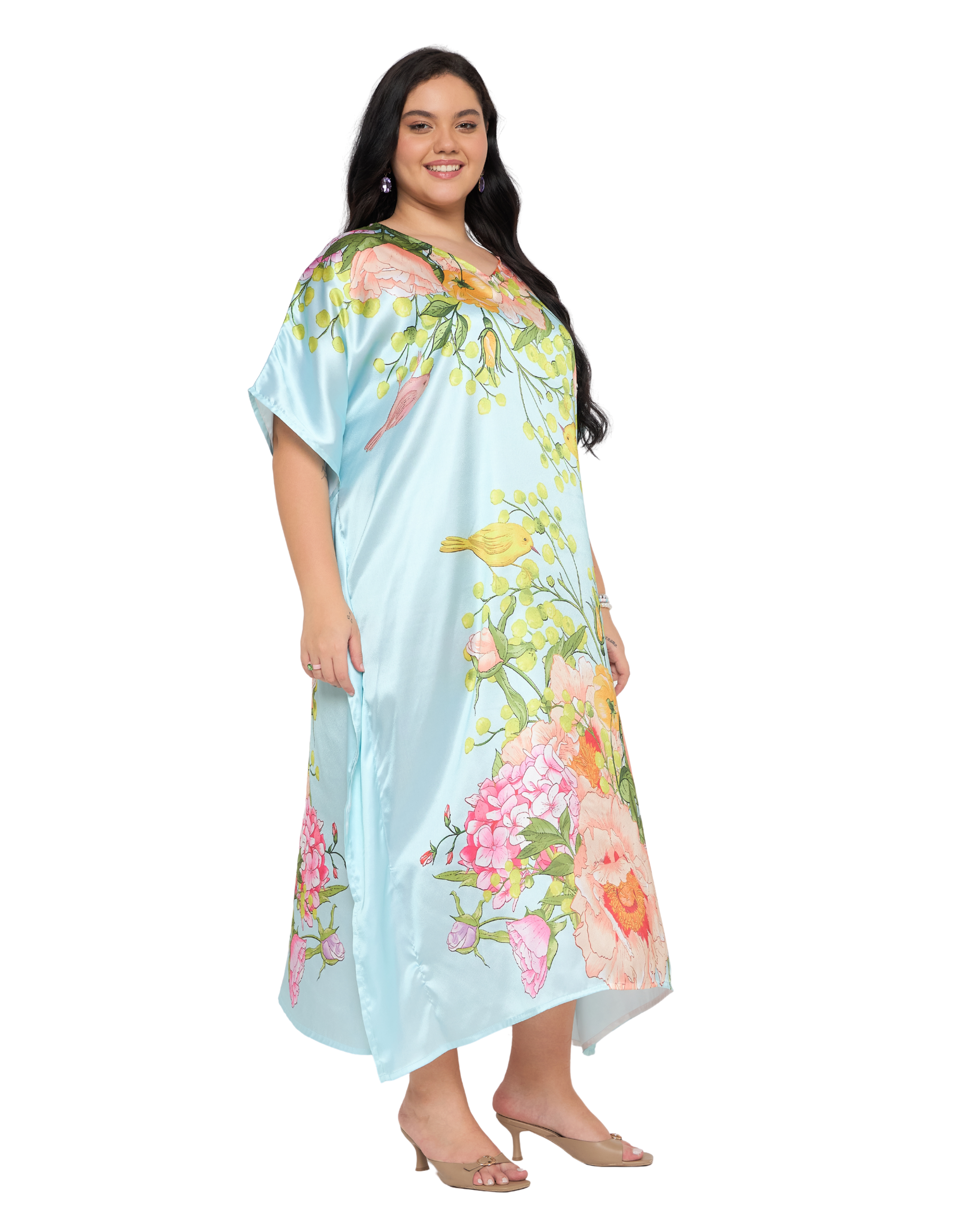 Pastel Blue Floral Satin Women Plus Size Caftan Dress