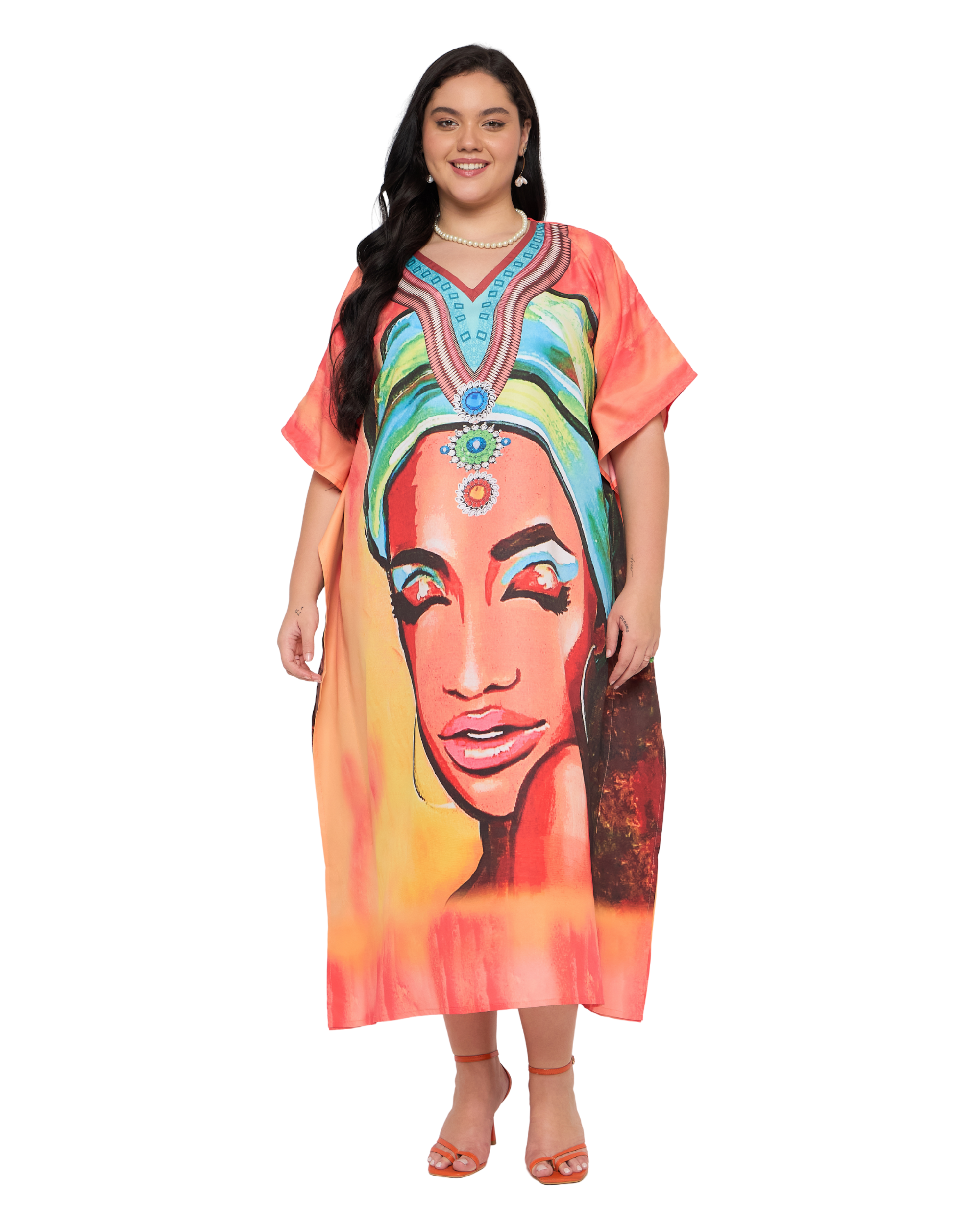 Peach Lady Face Polyester Women Plus Size Caftan Dress