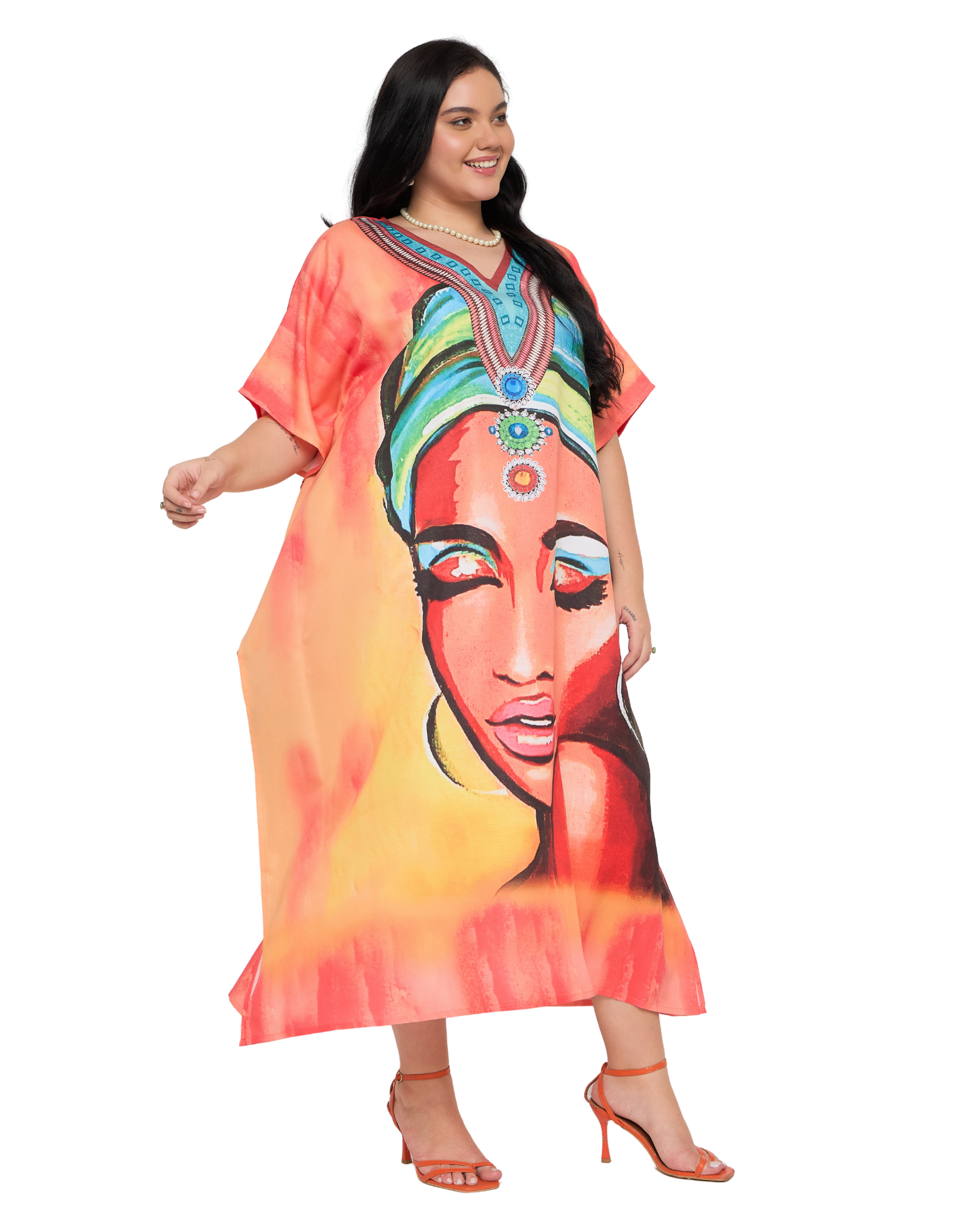 Peach Lady Face Polyester Women Plus Size Caftan Dress