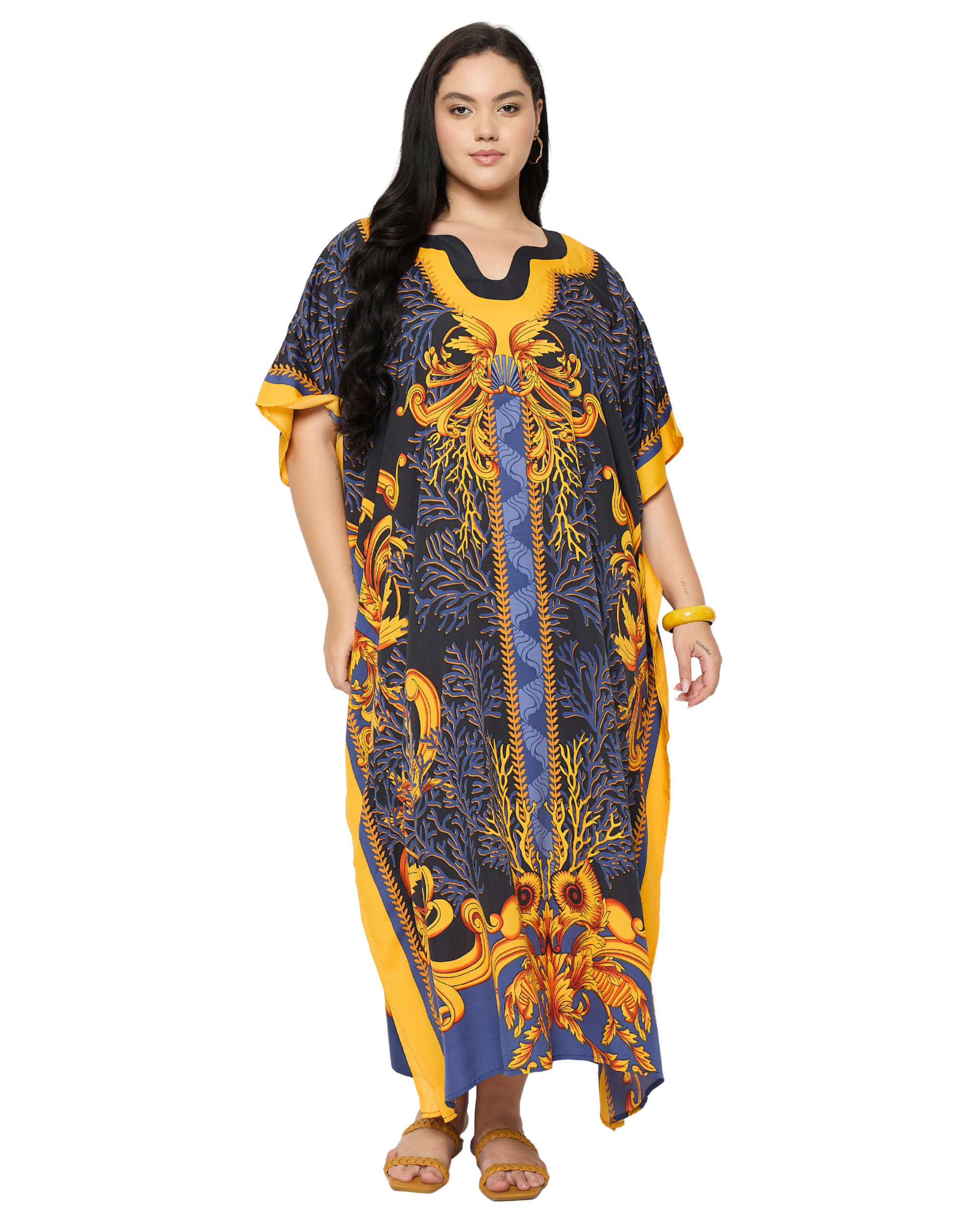 Black Baroque Print Polyester Plus Size Caftan for Women