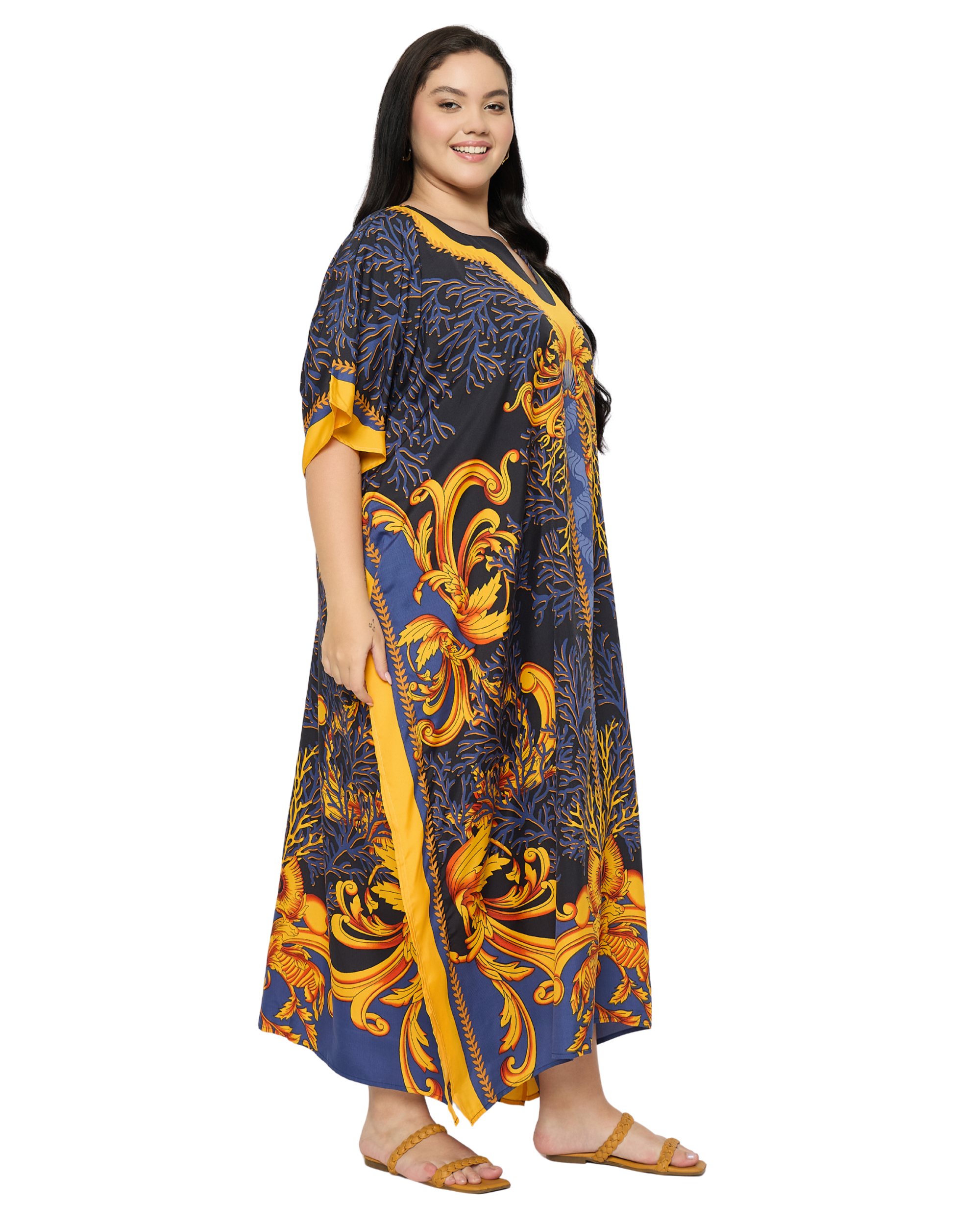 Black Baroque Print Polyester Plus Size Caftan for Women