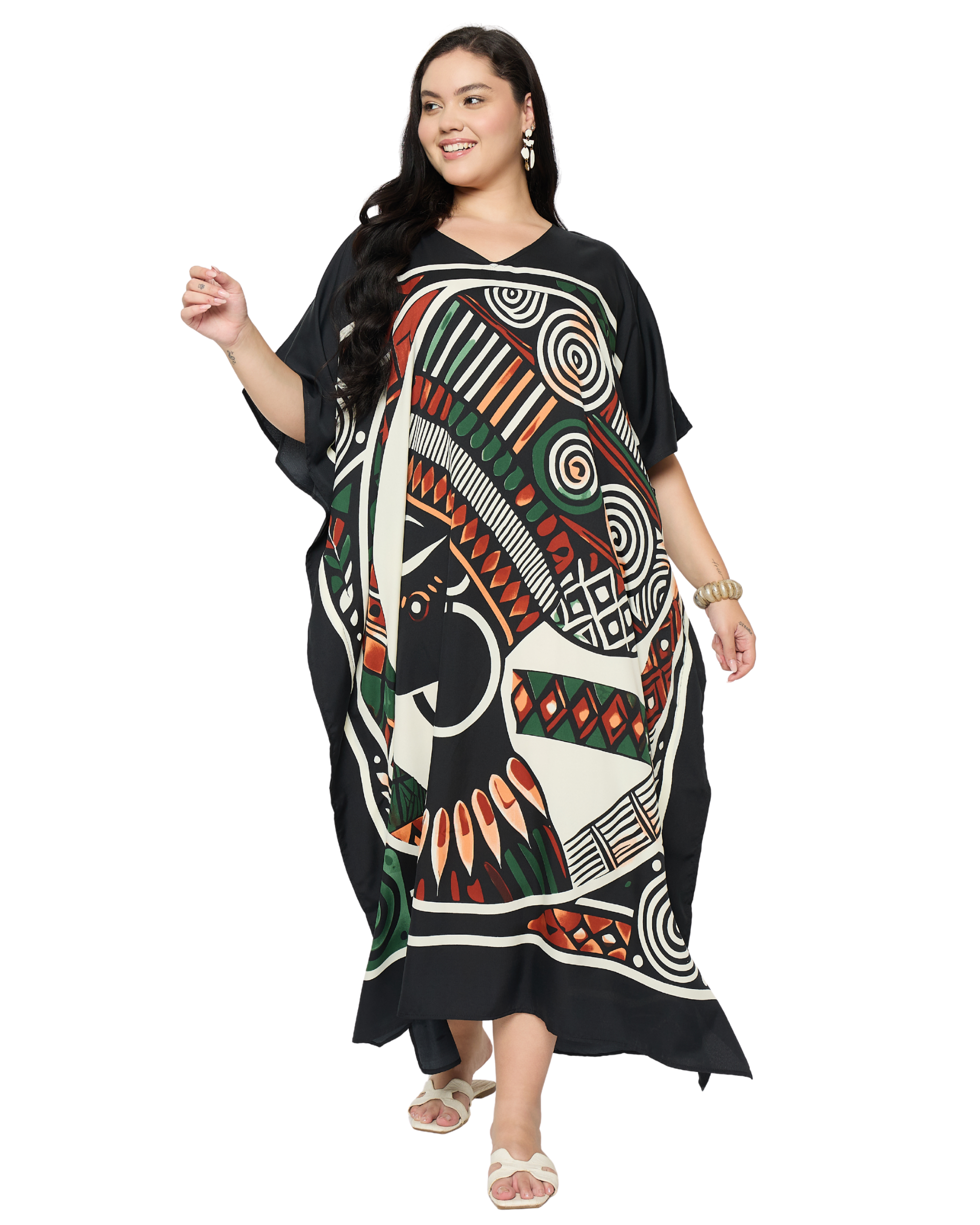 Black Tribal Polyester Plus Size Kaftan Dress for Women