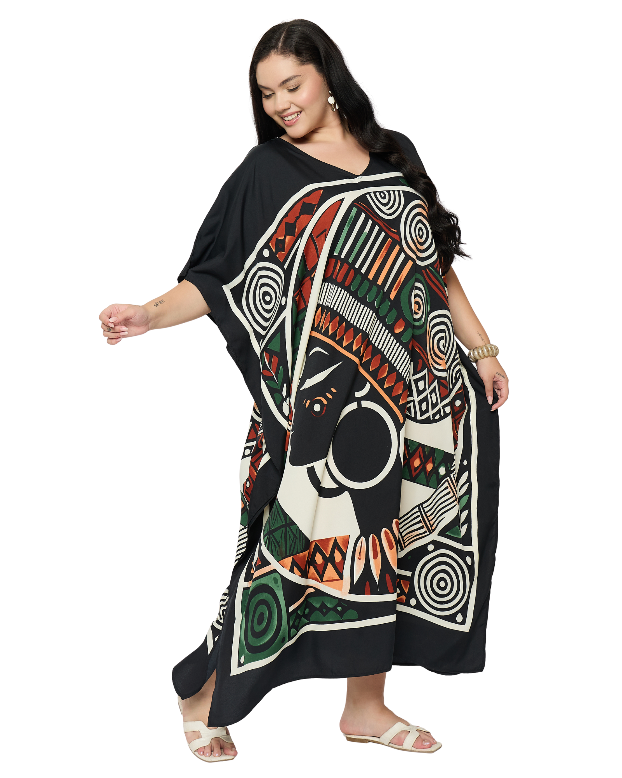 Black Tribal Polyester Plus Size Kaftan Dress for Women