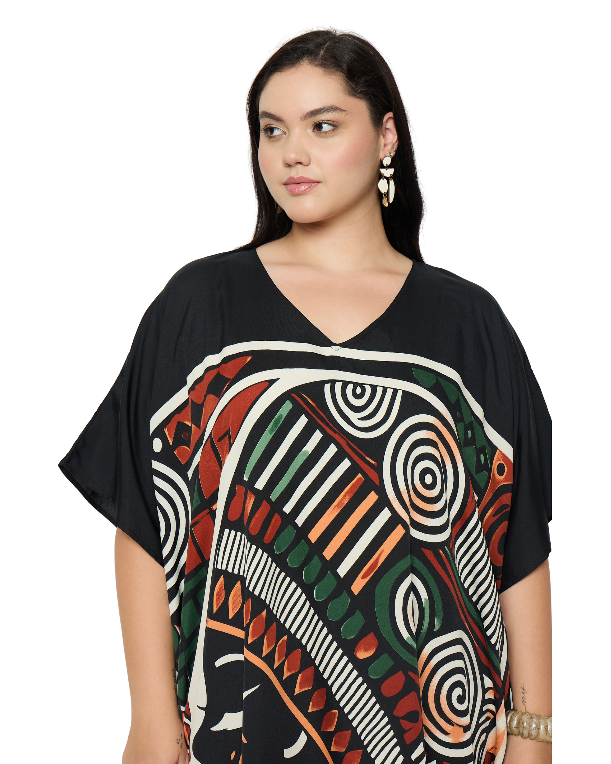 Black Tribal Polyester Plus Size Kaftan Dress for Women