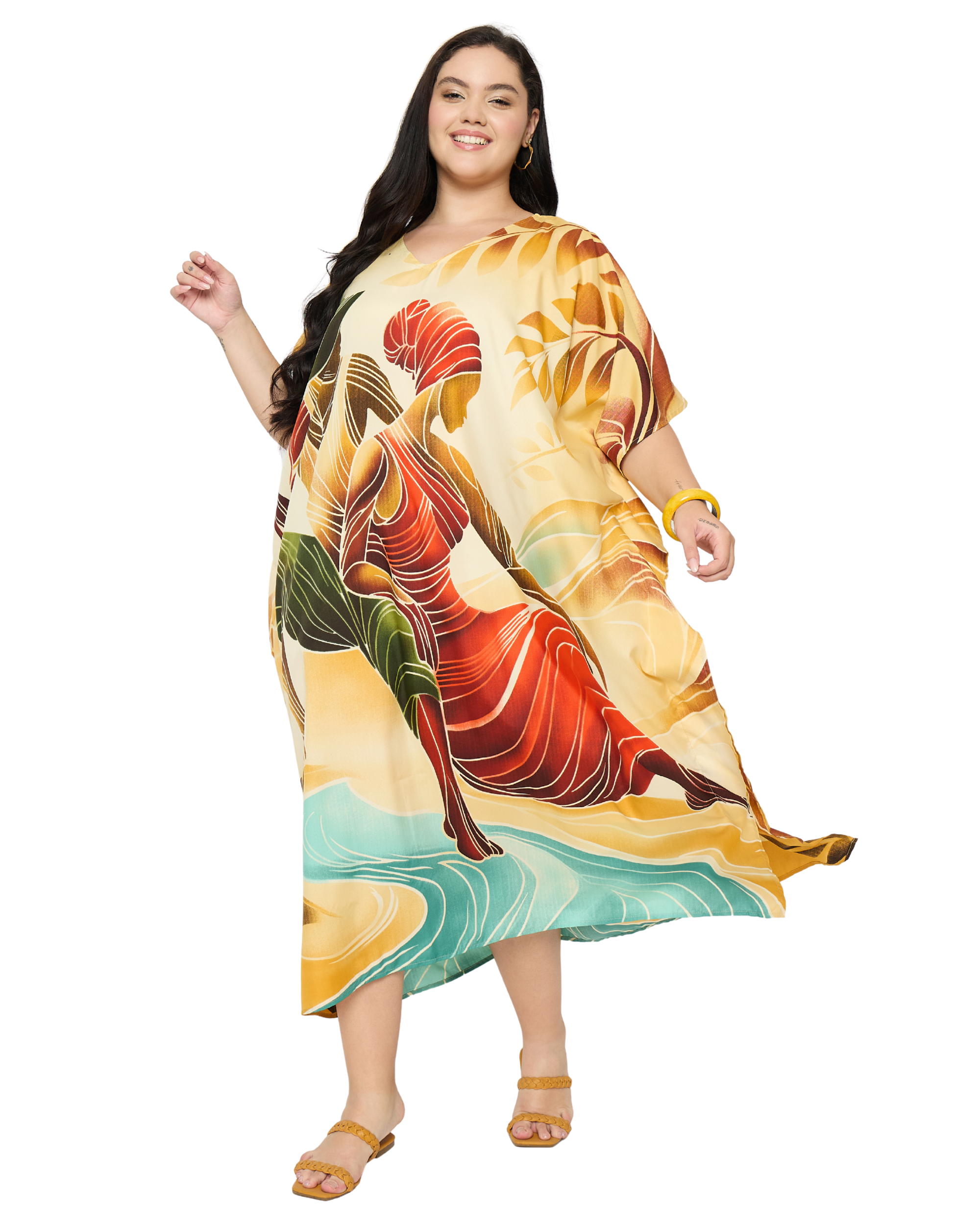 Cream Tribal Polyester Plus Size House Caftan for Women