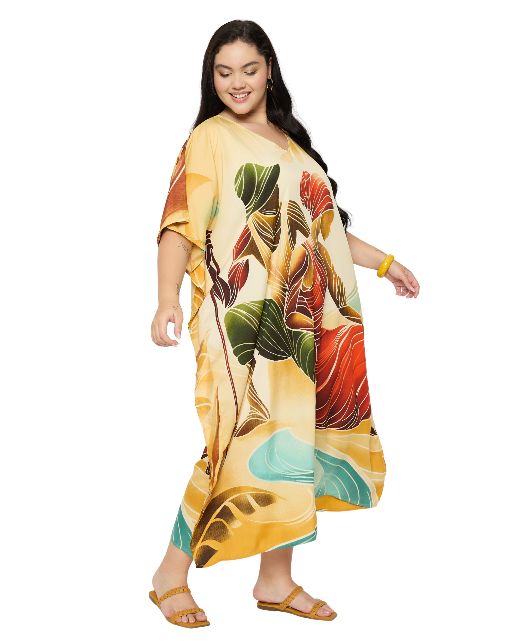 Cream Tribal Polyester Plus Size House Caftan for Women