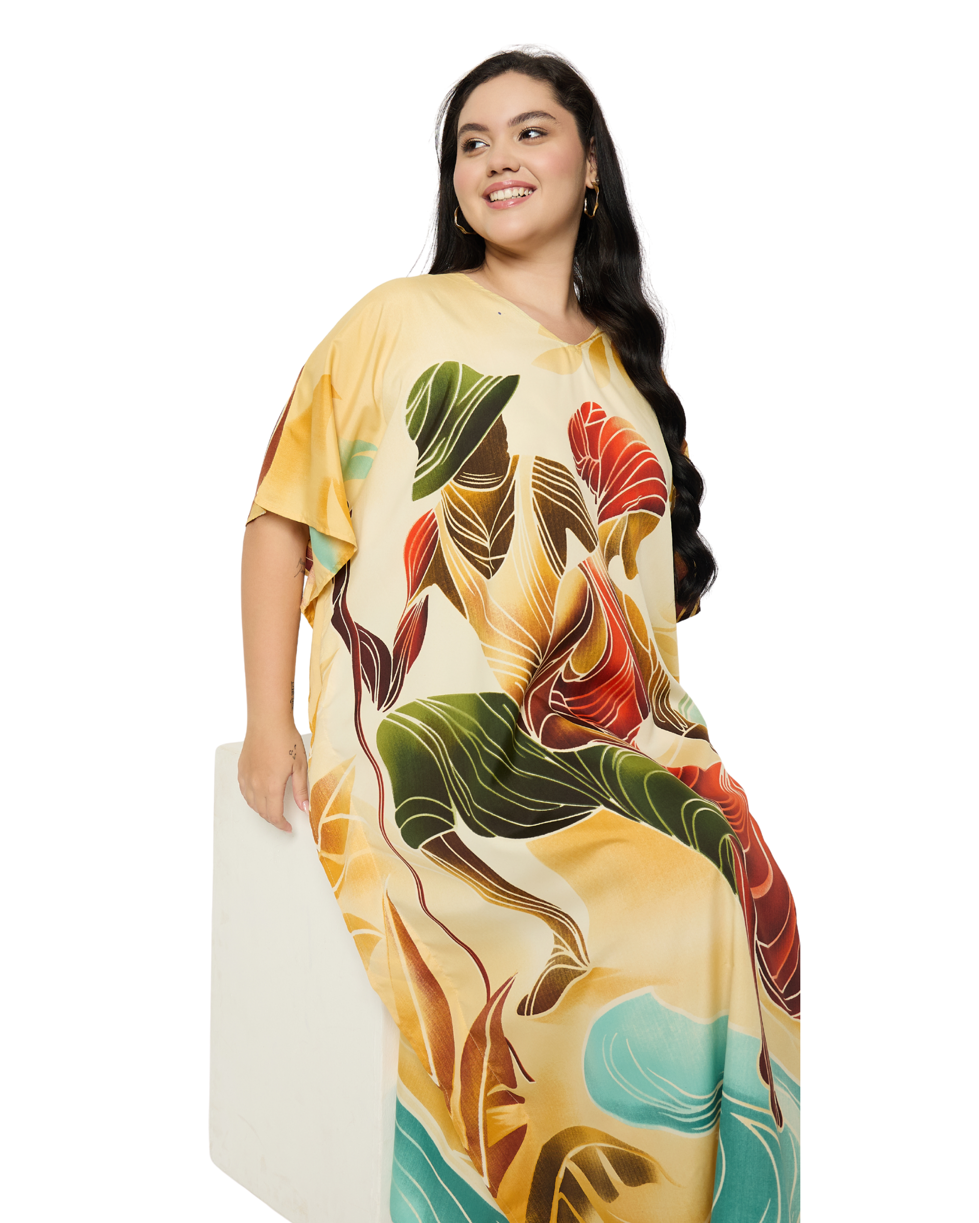 Cream Tribal Polyester Plus Size House Caftan for Women