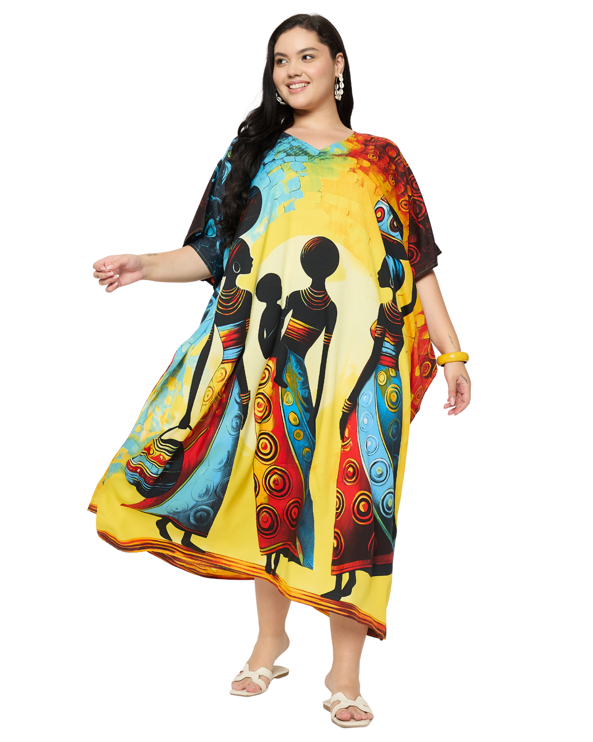 Bright Yellow Tribal Polyester Women Plus Size kaftan Cover Up