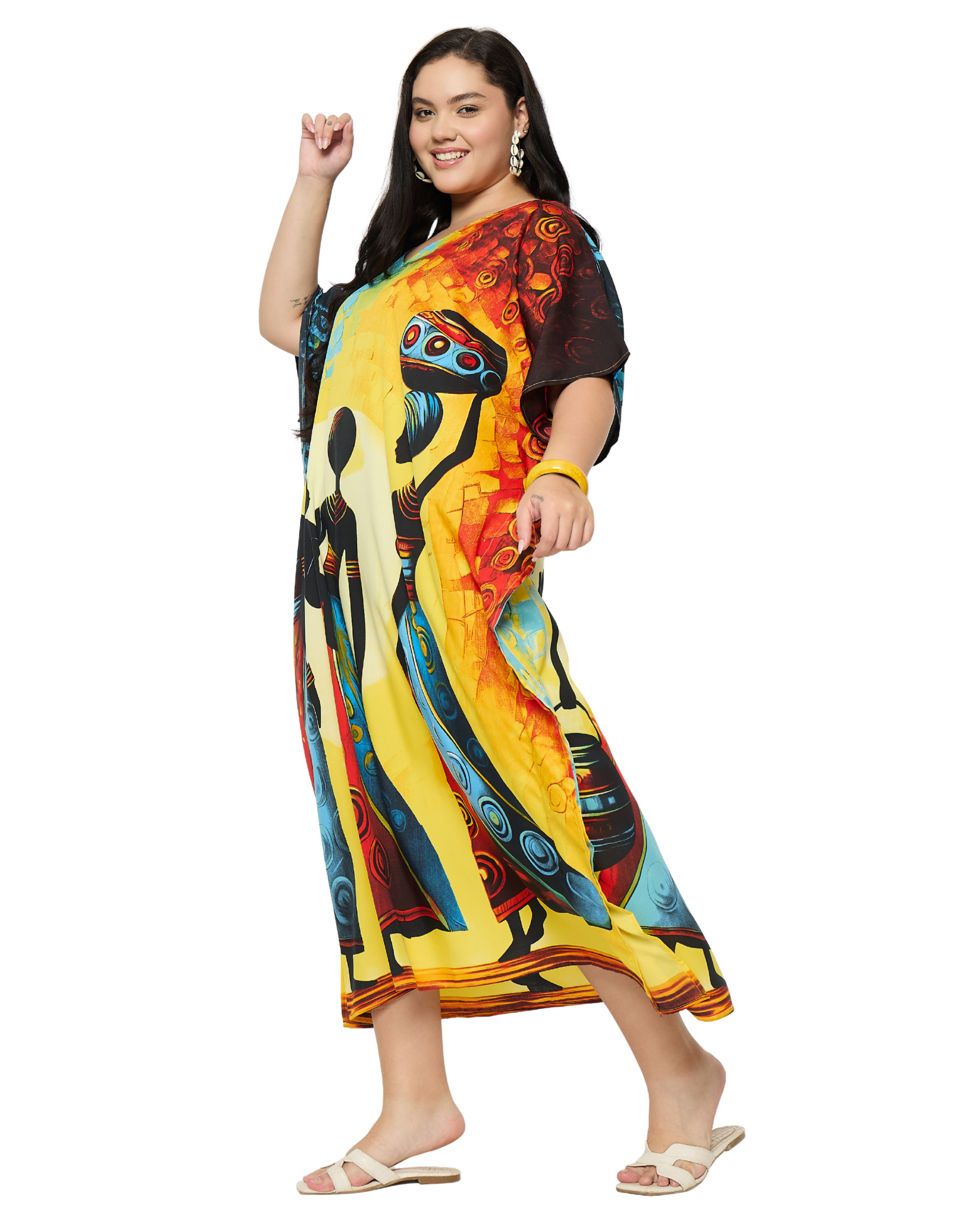 Bright Yellow Tribal Polyester Women Plus Size kaftan Cover Up