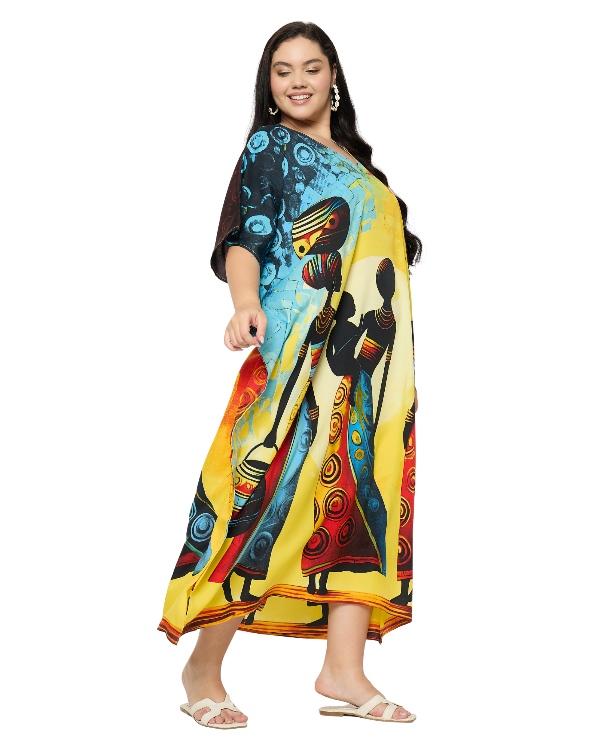 Bright Yellow Tribal Polyester Women Plus Size kaftan Cover Up