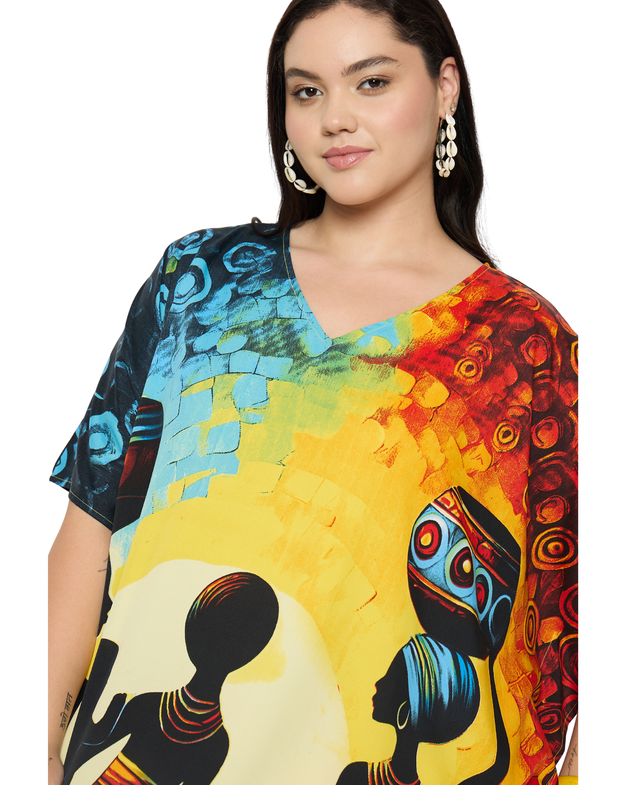 Bright Yellow Tribal Polyester Women Plus Size kaftan Cover Up