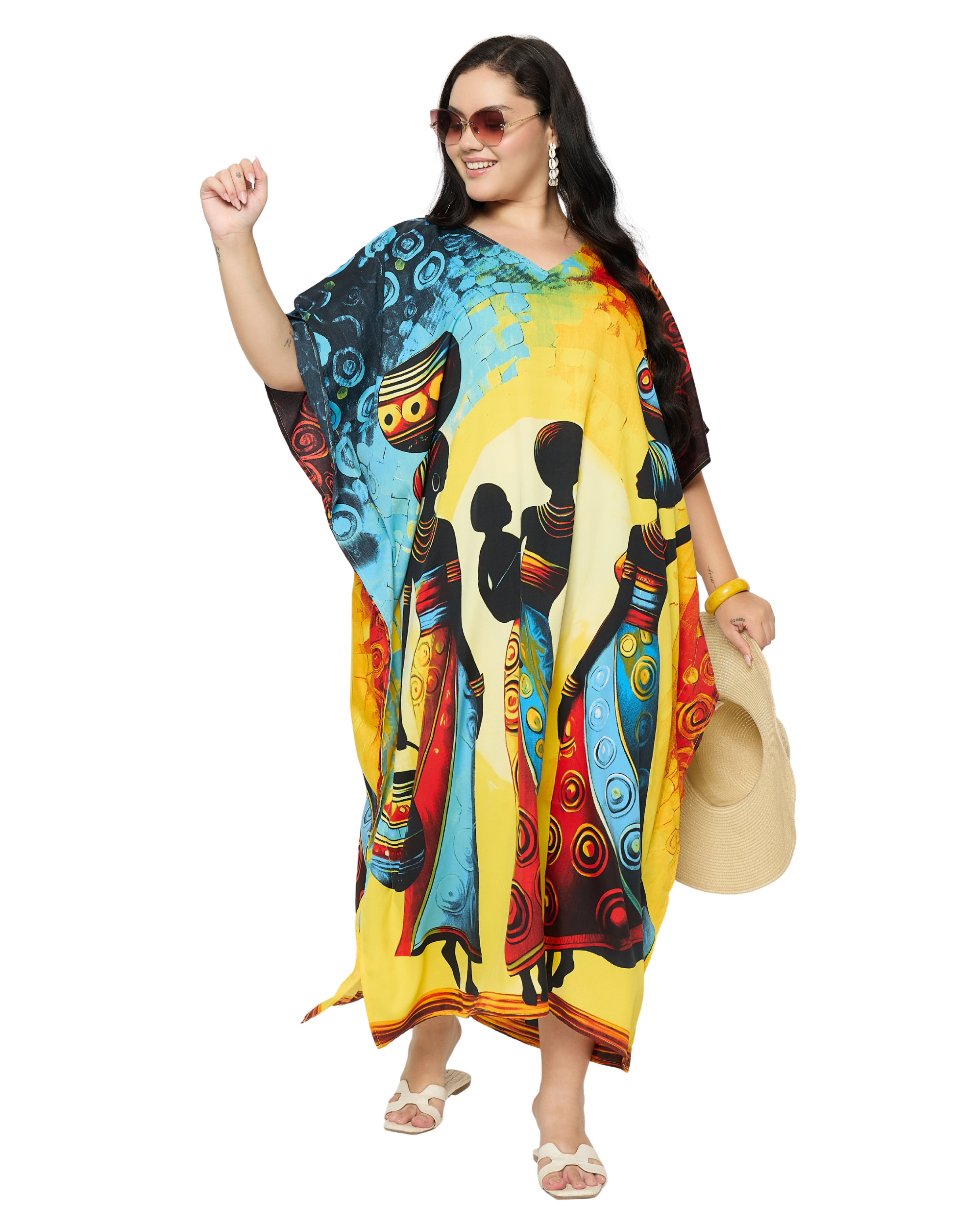 Bright Yellow Tribal Polyester Women Plus Size kaftan Cover Up