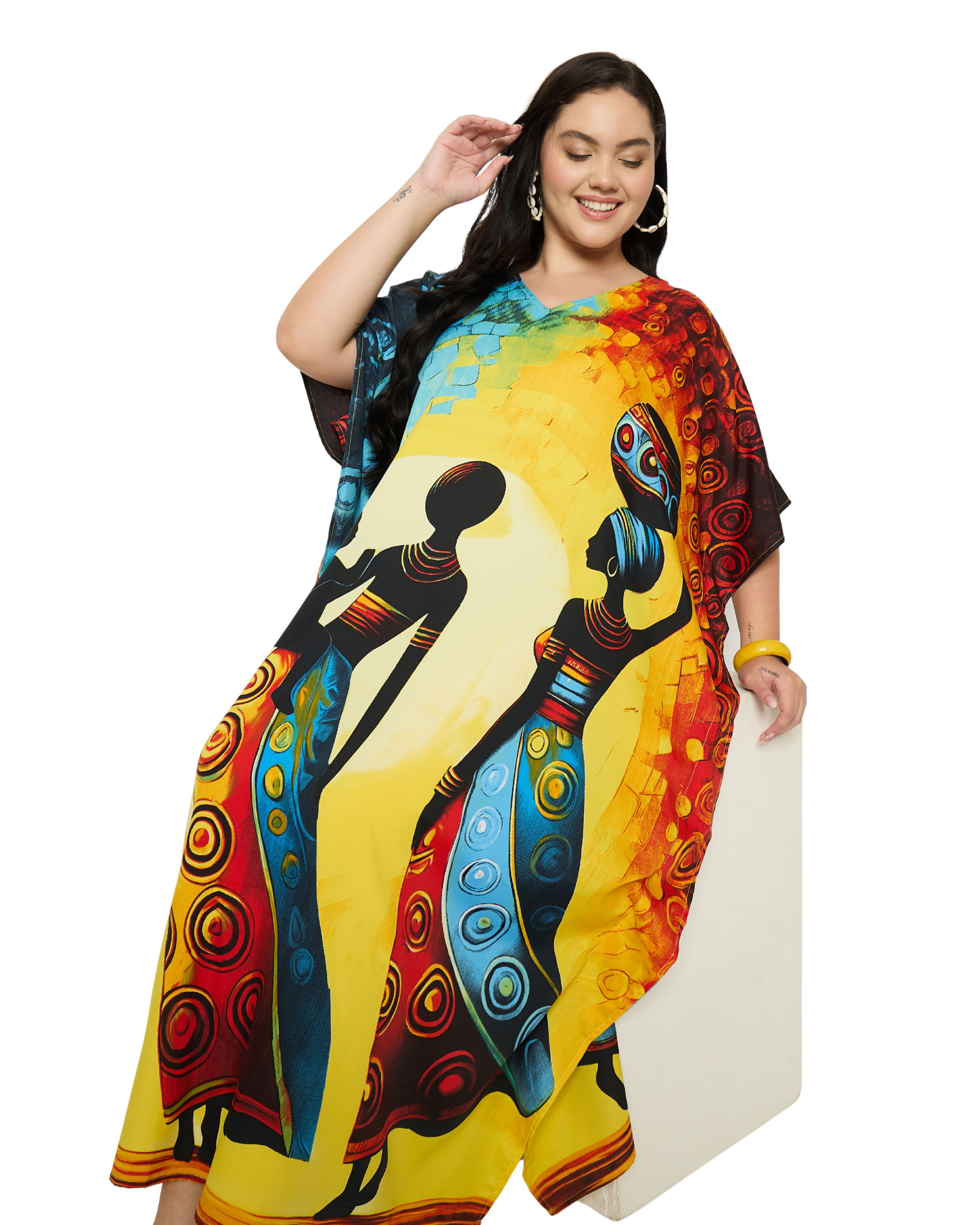 Bright Yellow Tribal Polyester Women Plus Size kaftan Cover Up