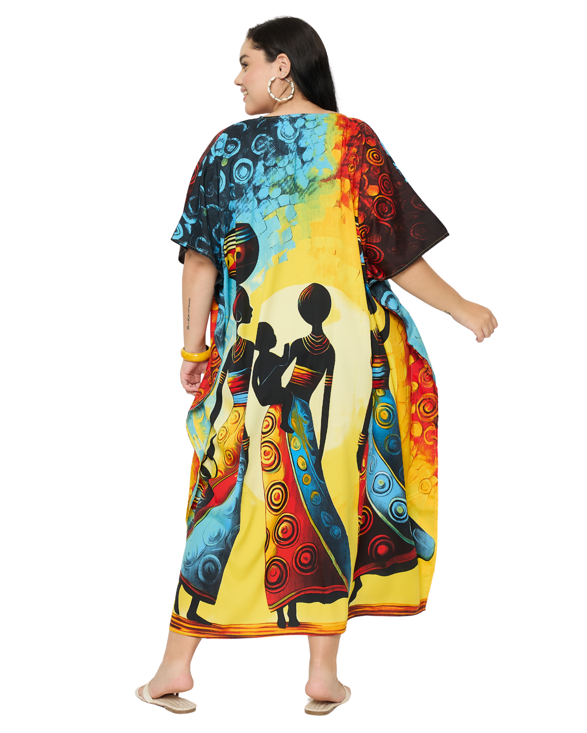 Bright Yellow Tribal Polyester Women Plus Size kaftan Cover Up