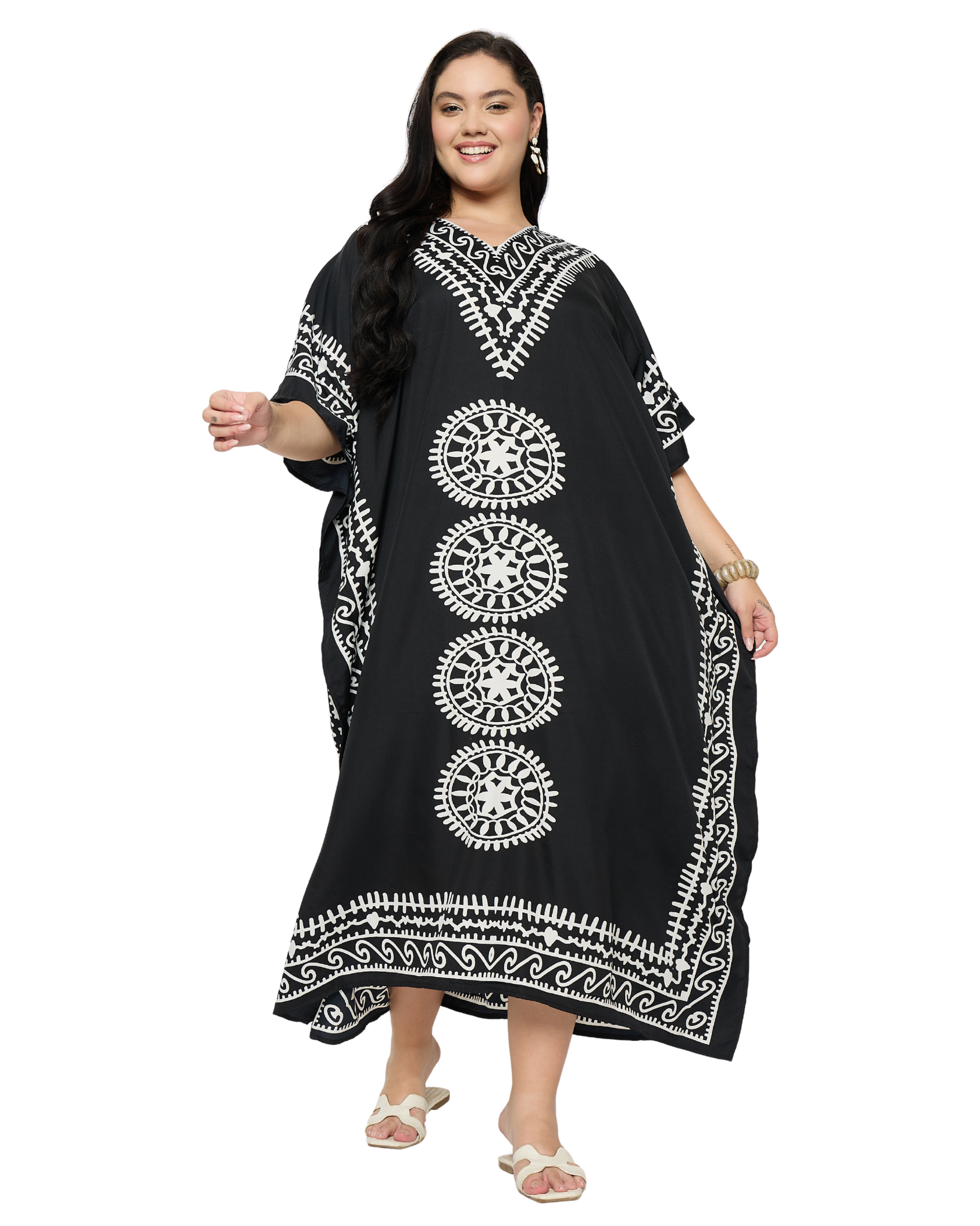 Black Polyester Women Plus Size Kaftan Beach Dress