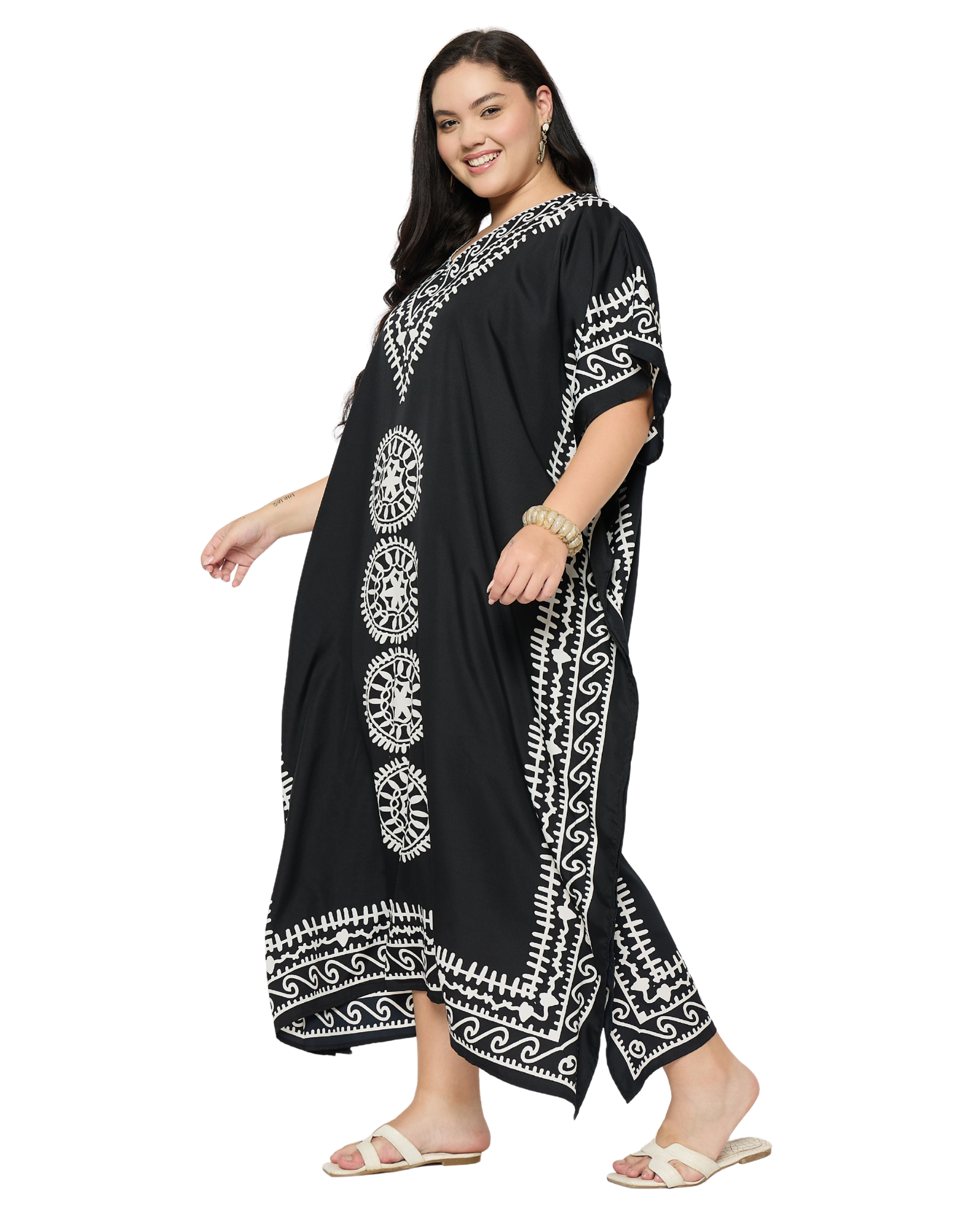 Black Polyester Women Plus Size Kaftan Beach Dress