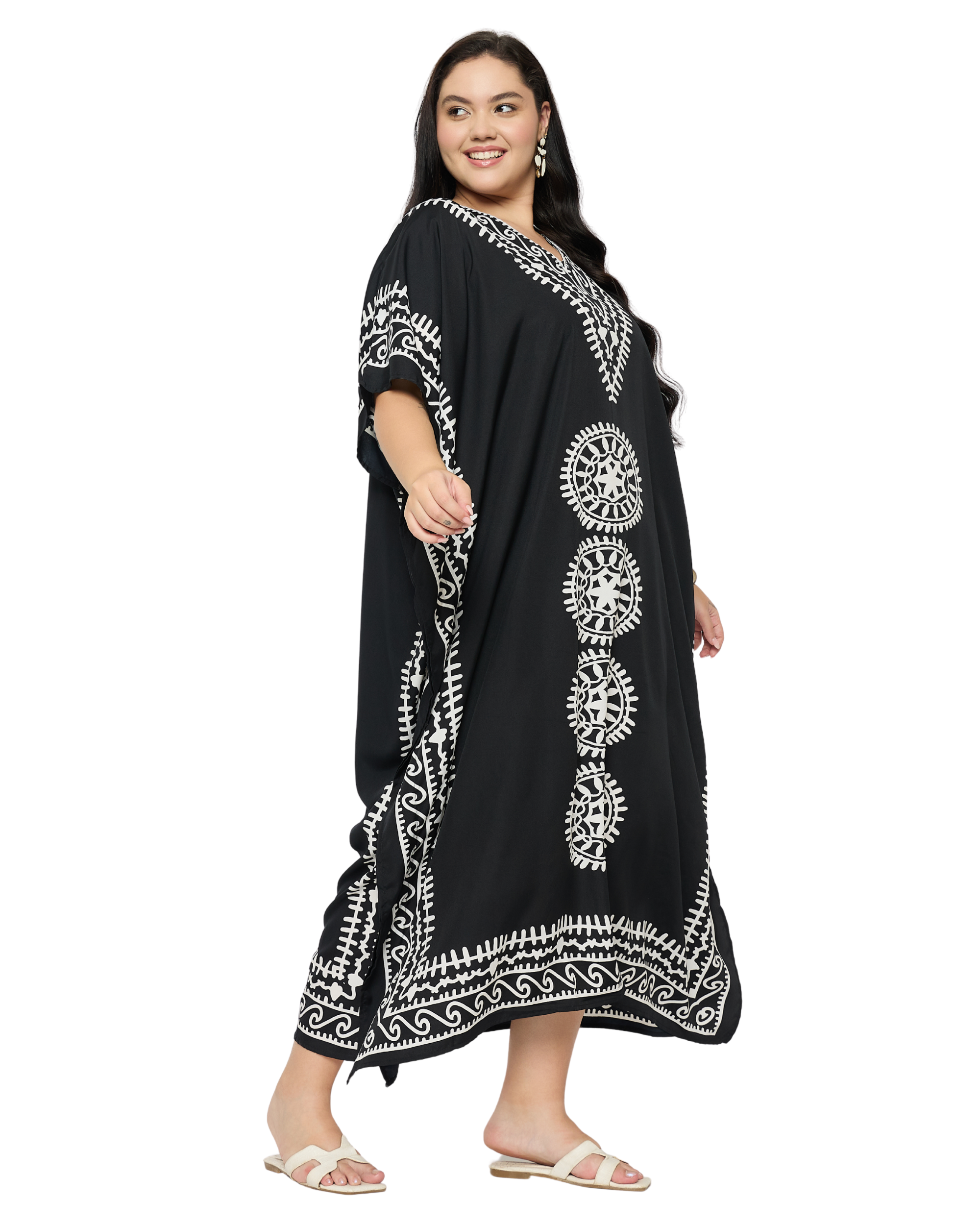 Black Polyester Women Plus Size Kaftan Beach Dress