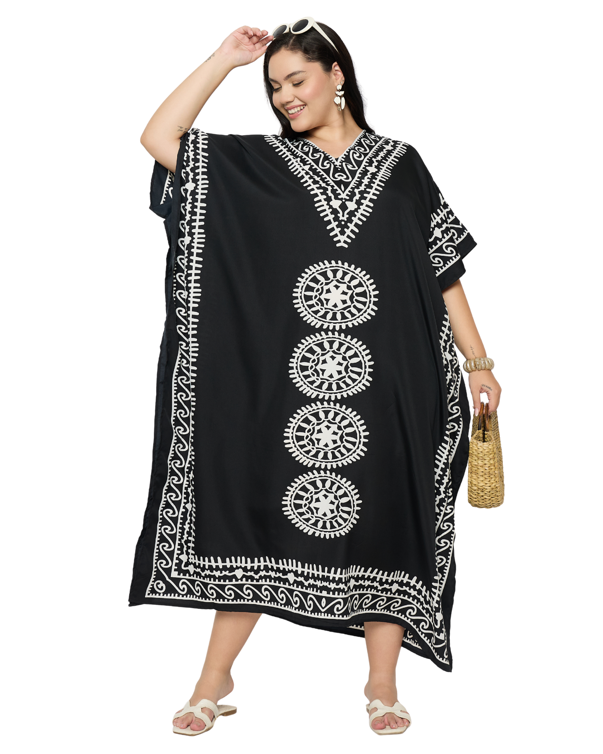 Black Polyester Women Plus Size Kaftan Beach Dress