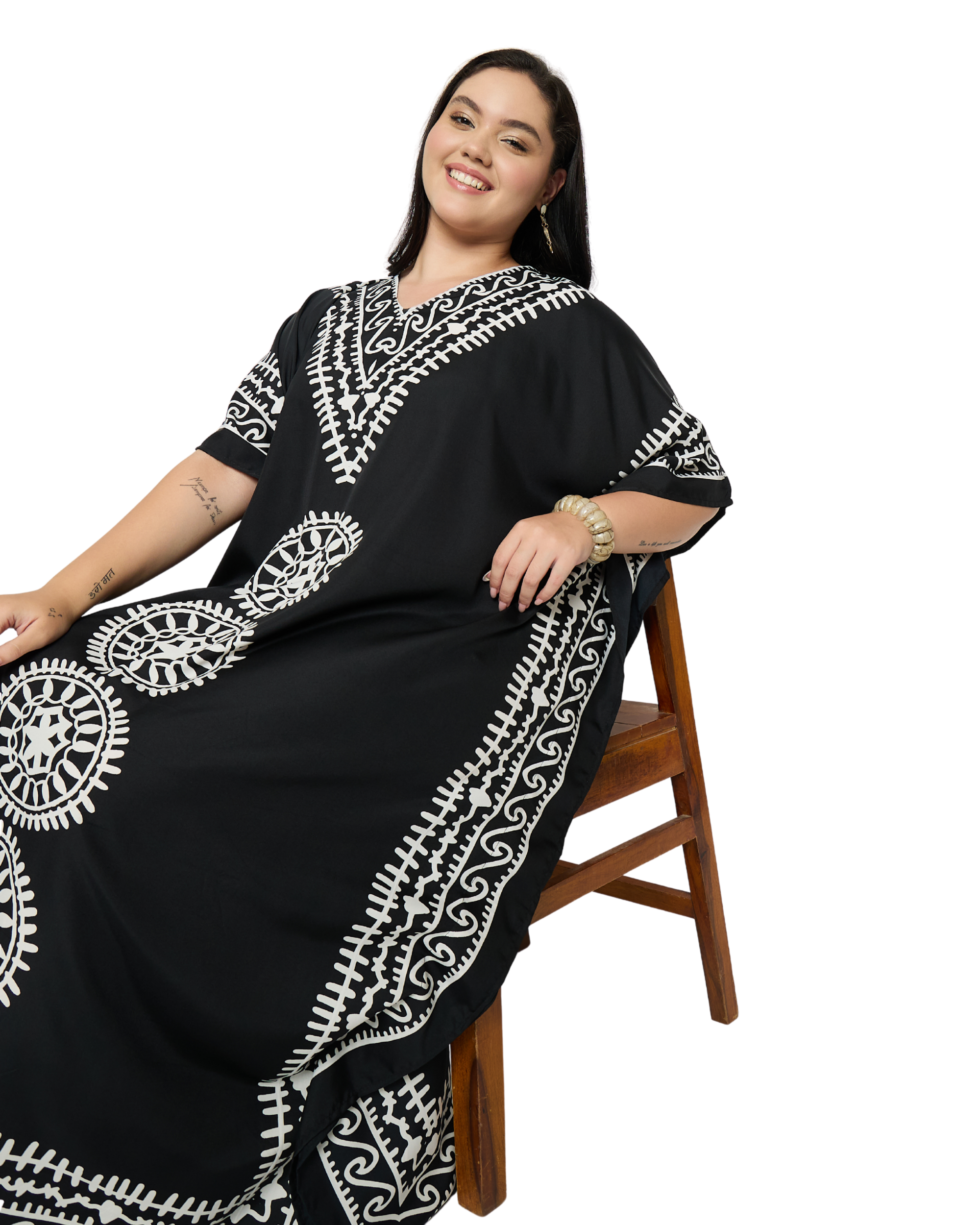 Black Polyester Women Plus Size Kaftan Beach Dress