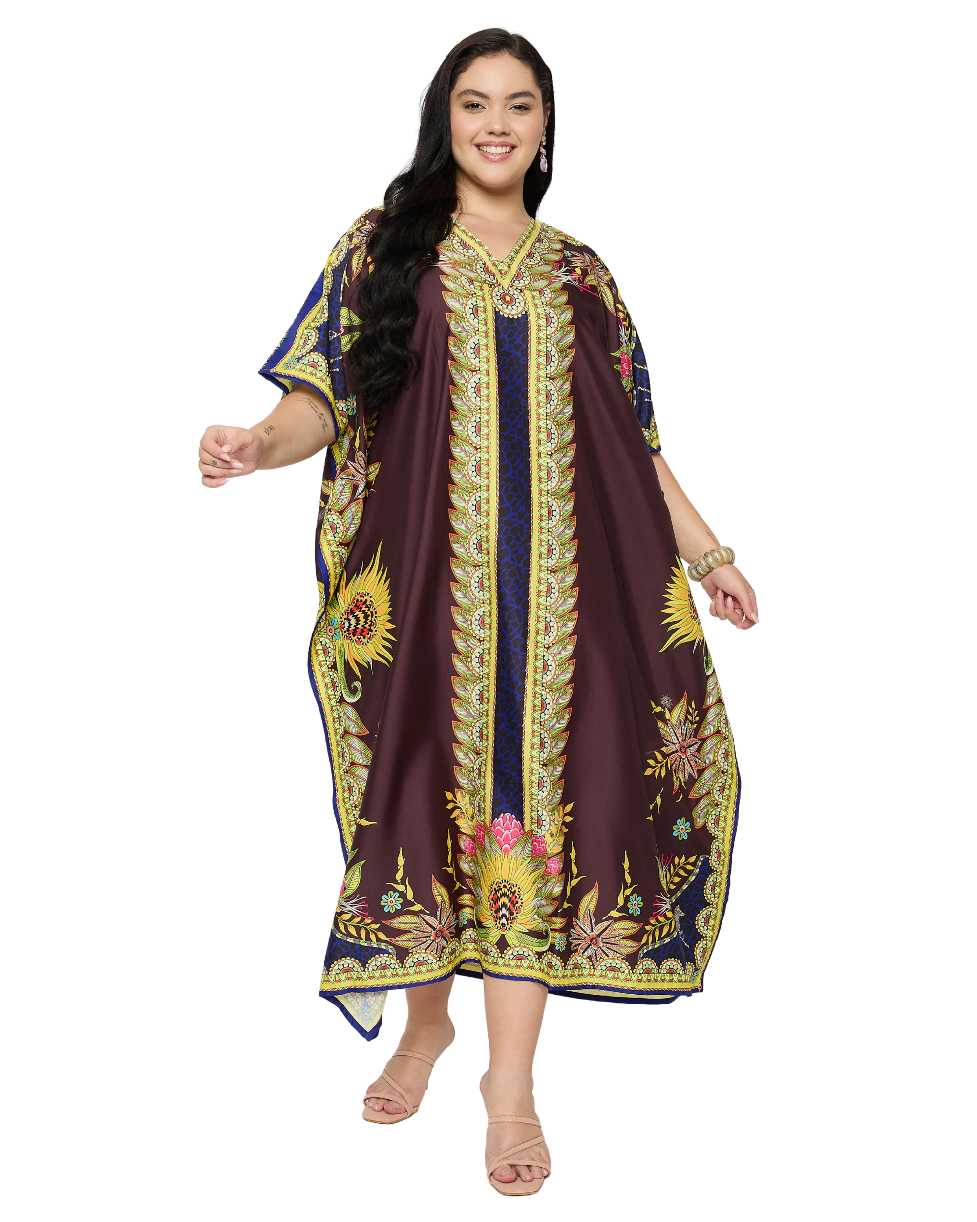 Deep Maroon Floral Print Plus Size Kaftan Dress for Women