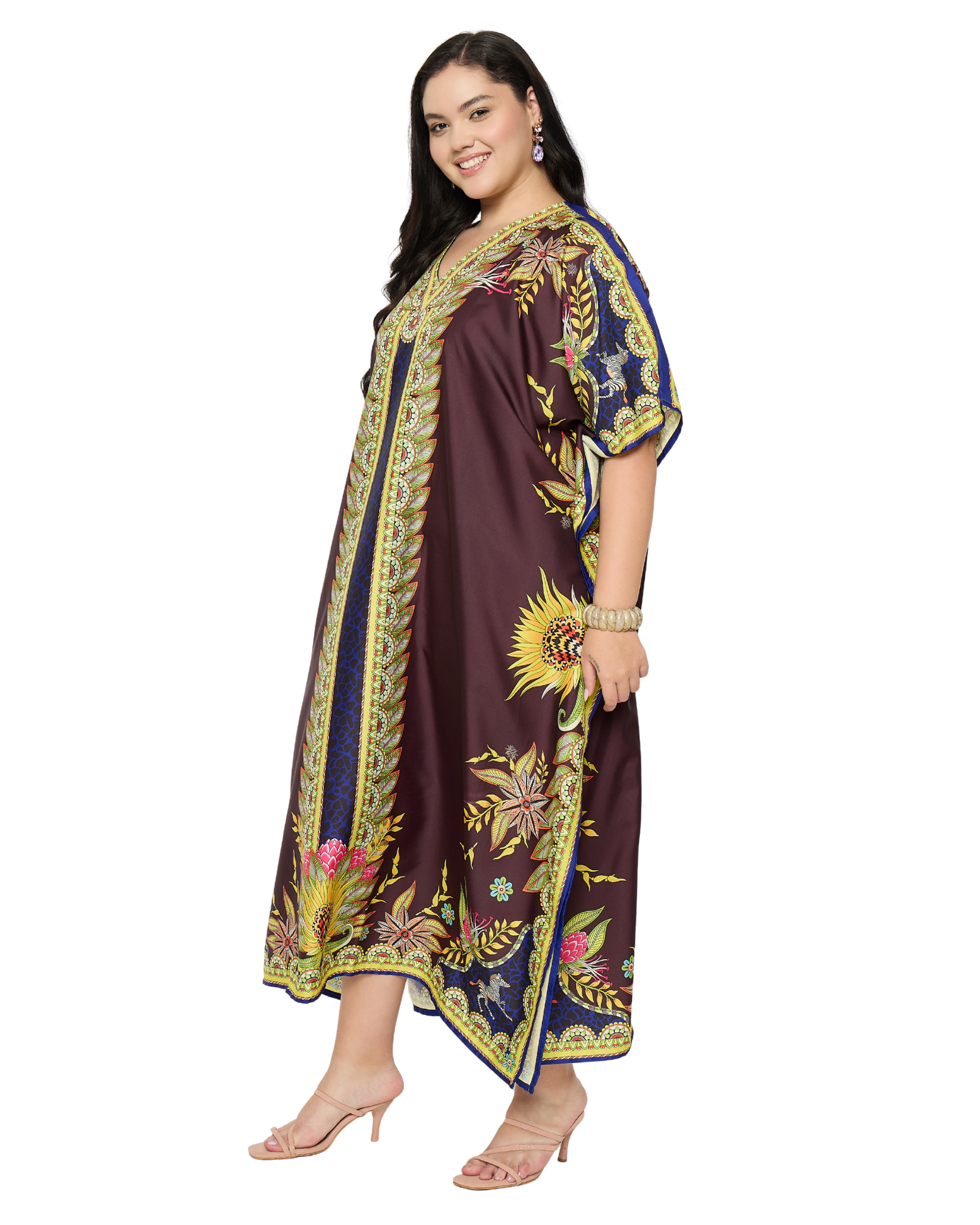 Deep Maroon Floral Print Plus Size Kaftan Dress for Women