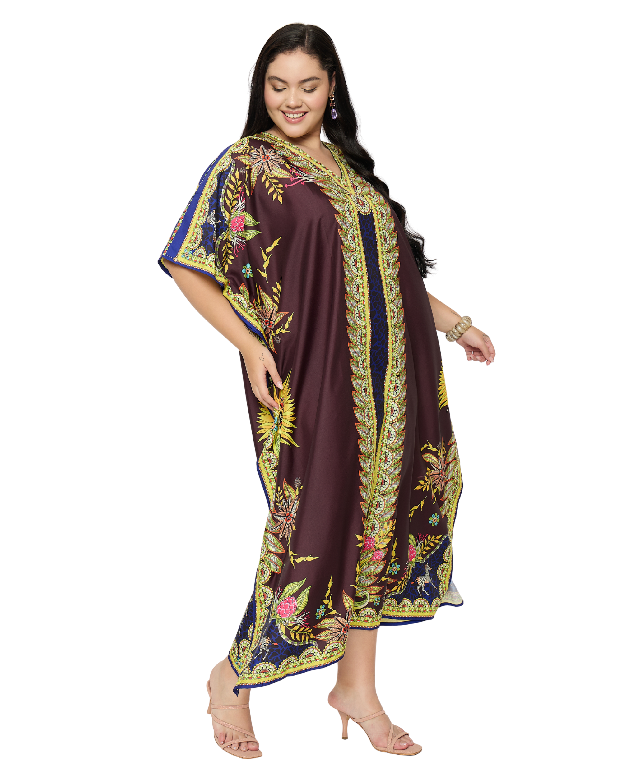 Deep Maroon Floral Print Plus Size Kaftan Dress for Women