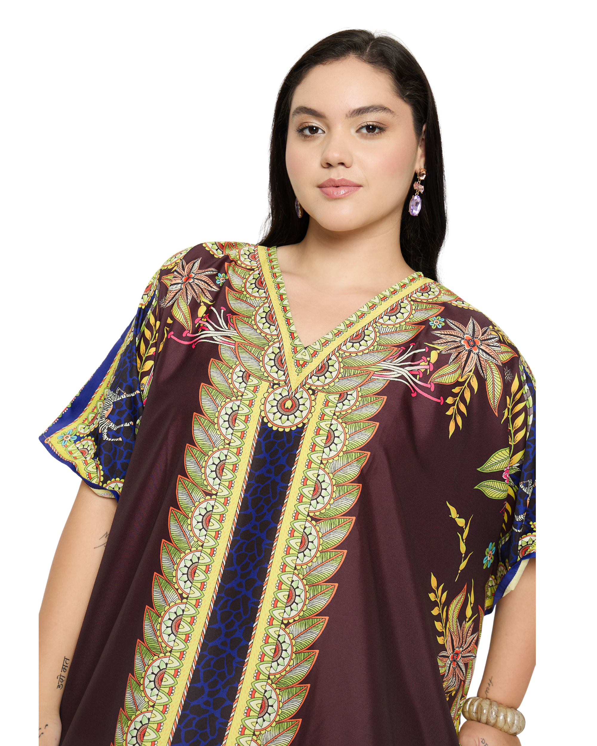 Deep Maroon Floral Print Plus Size Kaftan Dress for Women