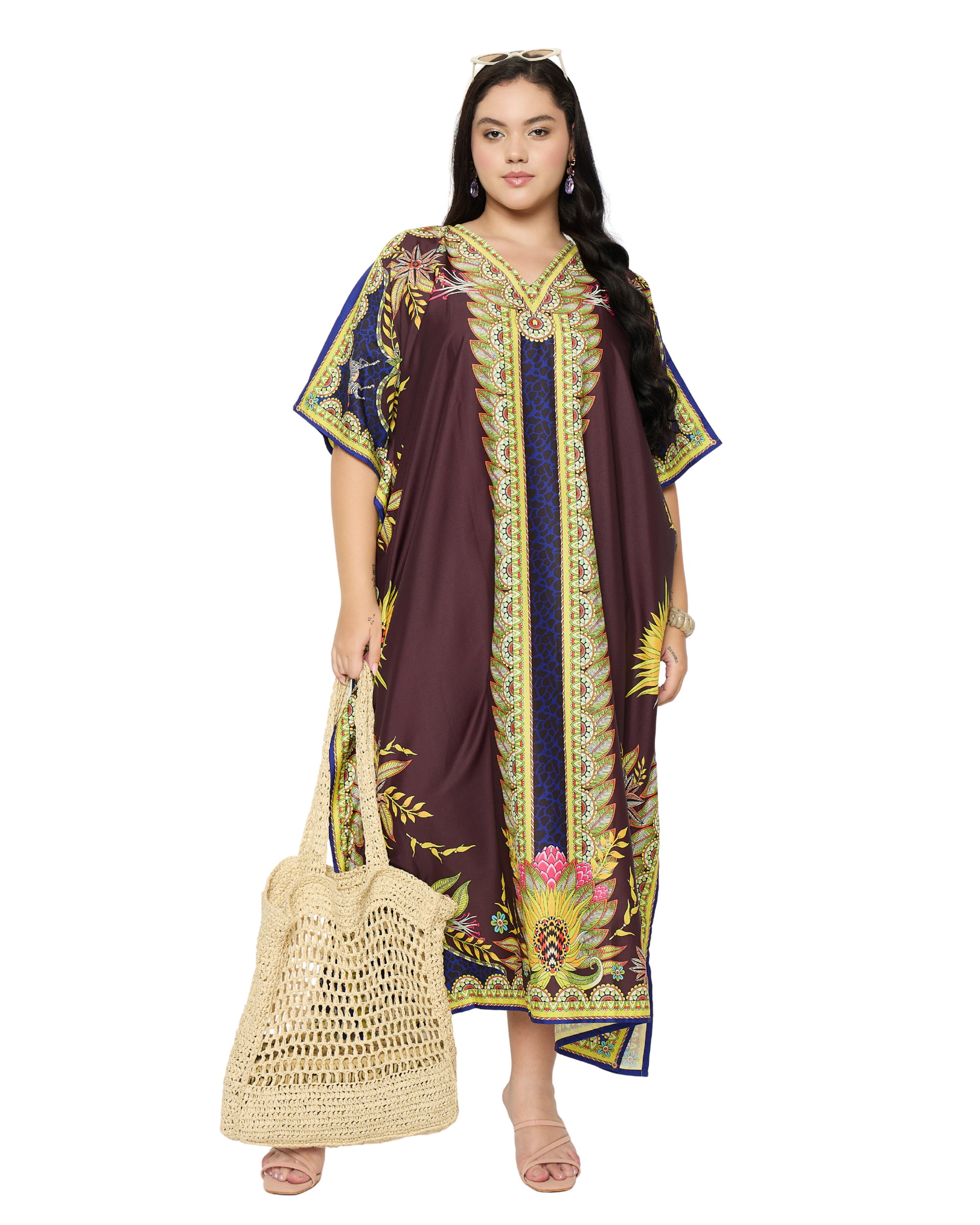 Deep Maroon Floral Print Plus Size Kaftan Dress for Women