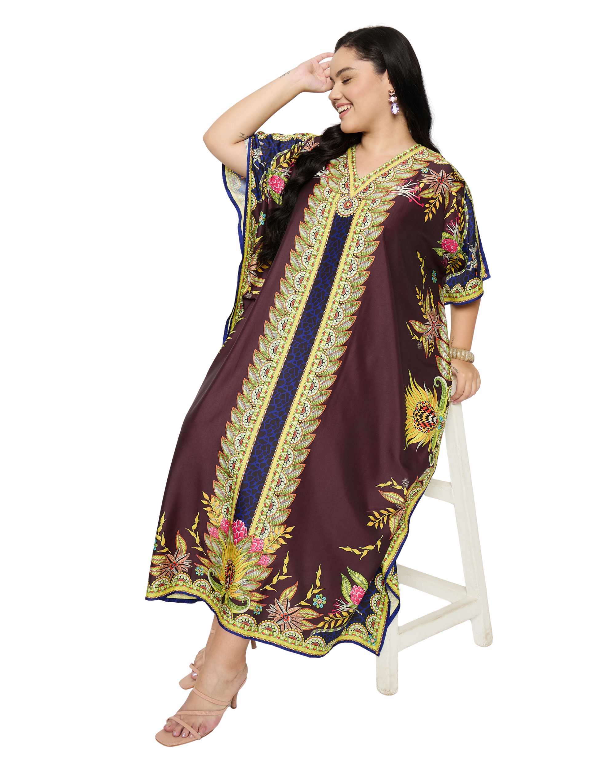 Deep Maroon Floral Print Plus Size Kaftan Dress for Women