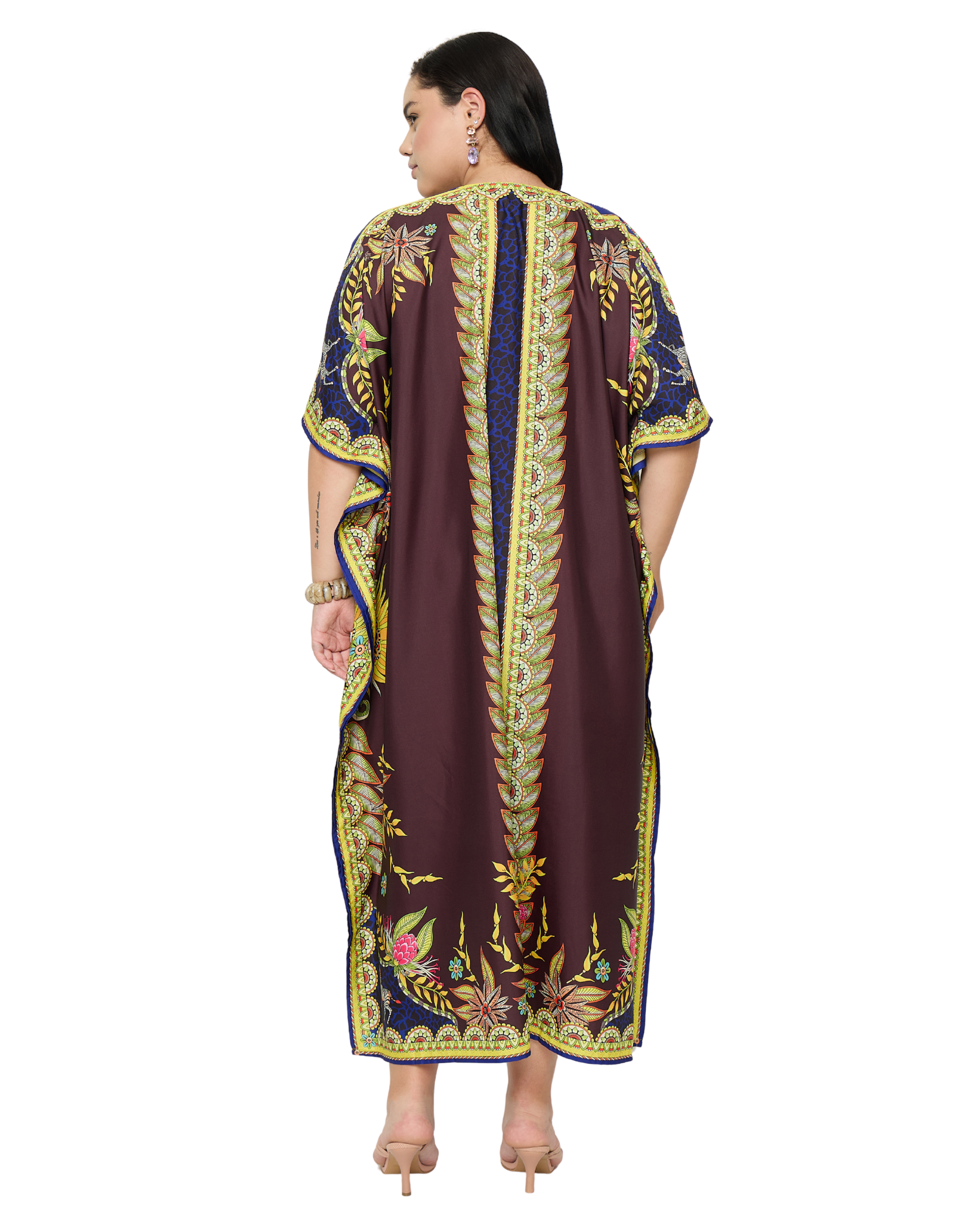 Deep Maroon Floral Print Plus Size Kaftan Dress for Women
