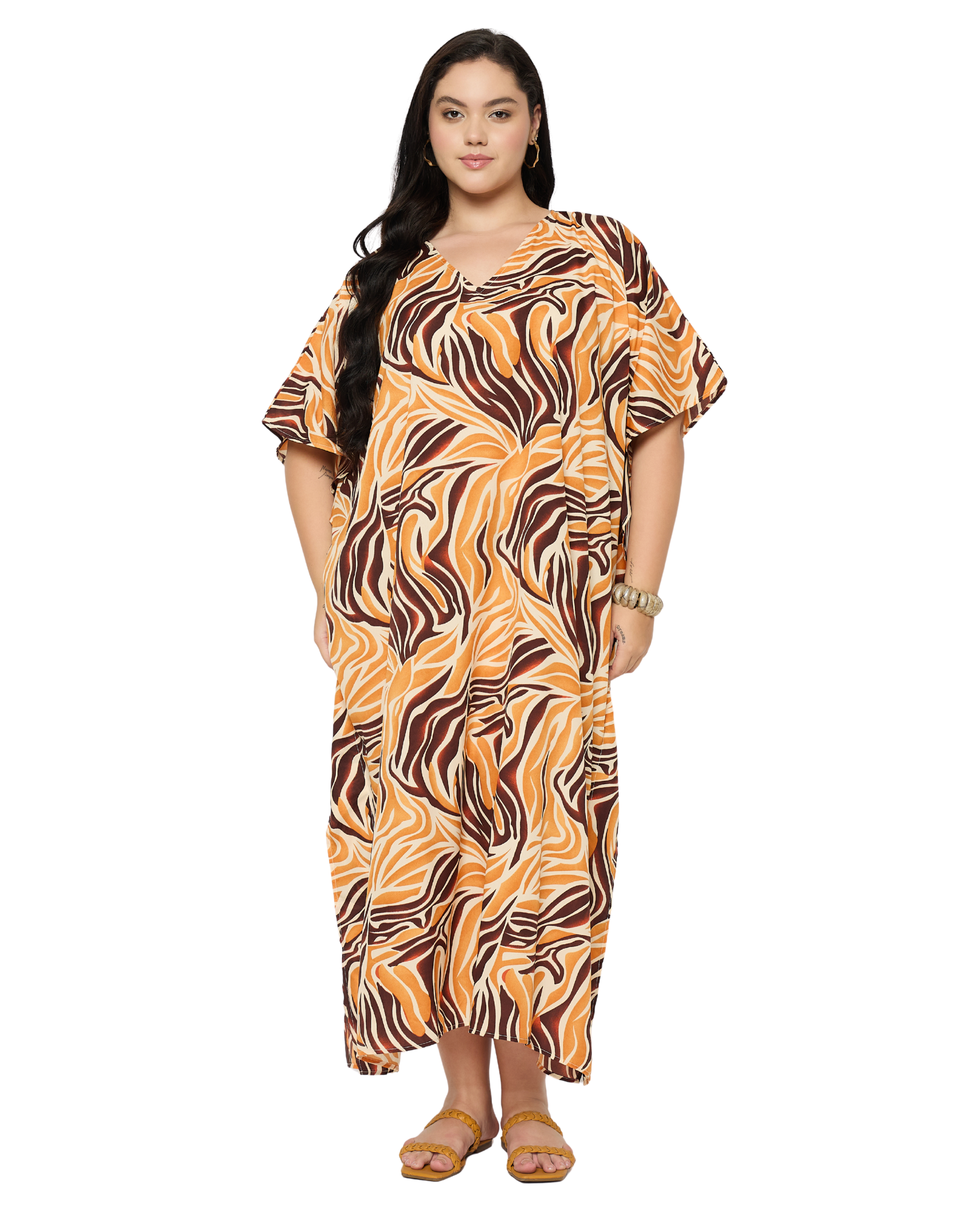Swirl Print Orange Plus Size Caftan Dress for Women