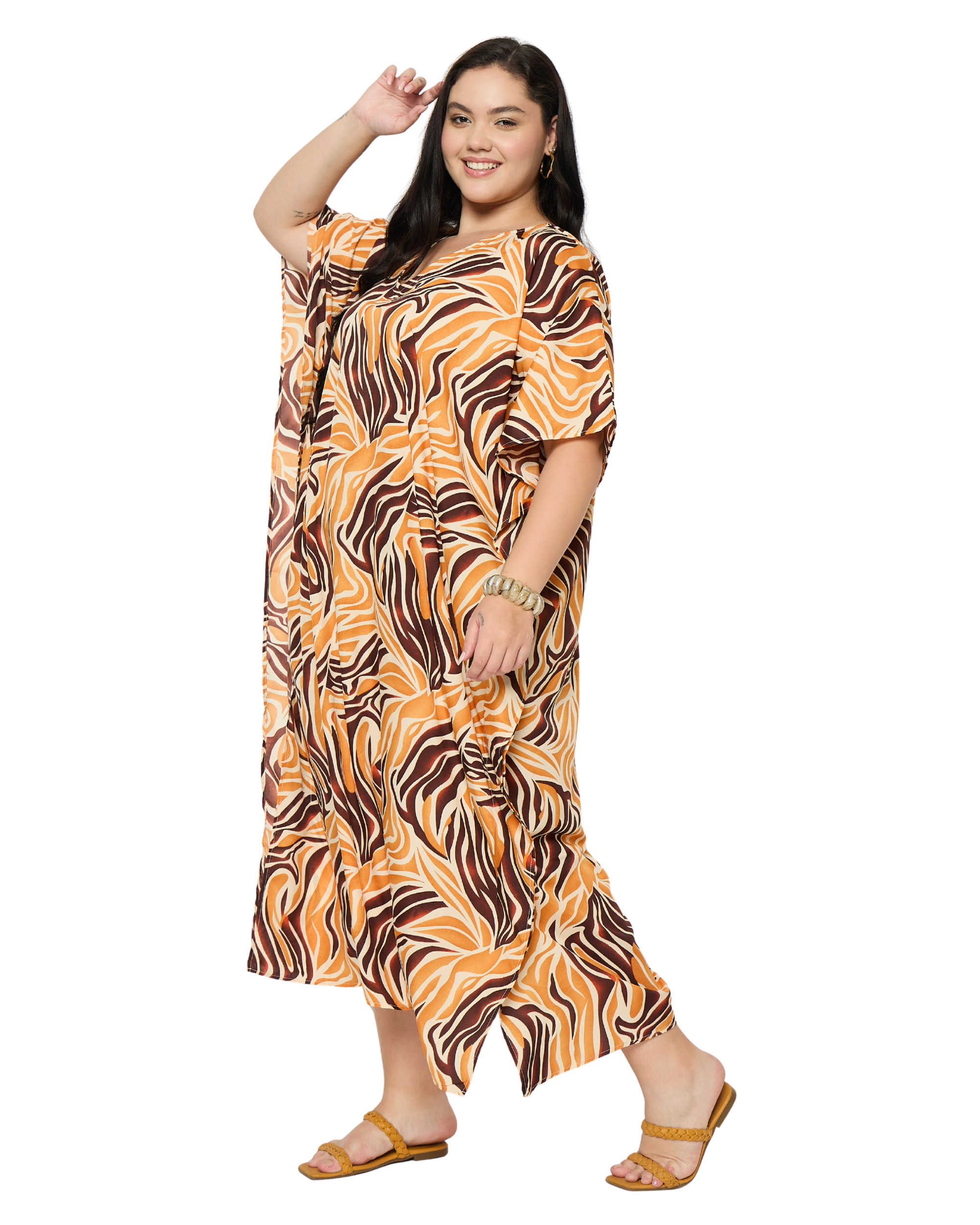 Swirl Print Orange Plus Size Caftan Dress for Women