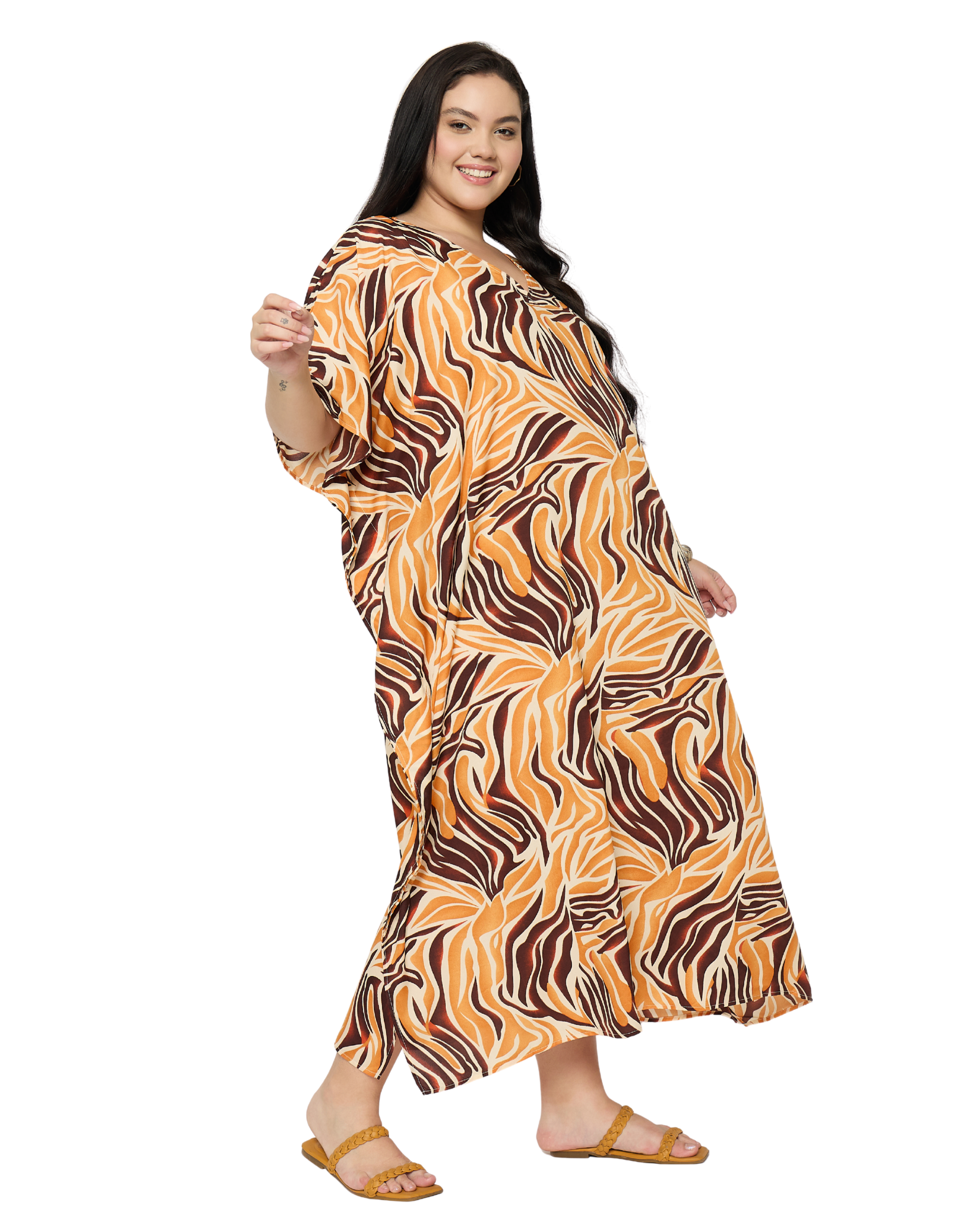 Swirl Print Orange Plus Size Caftan Dress for Women